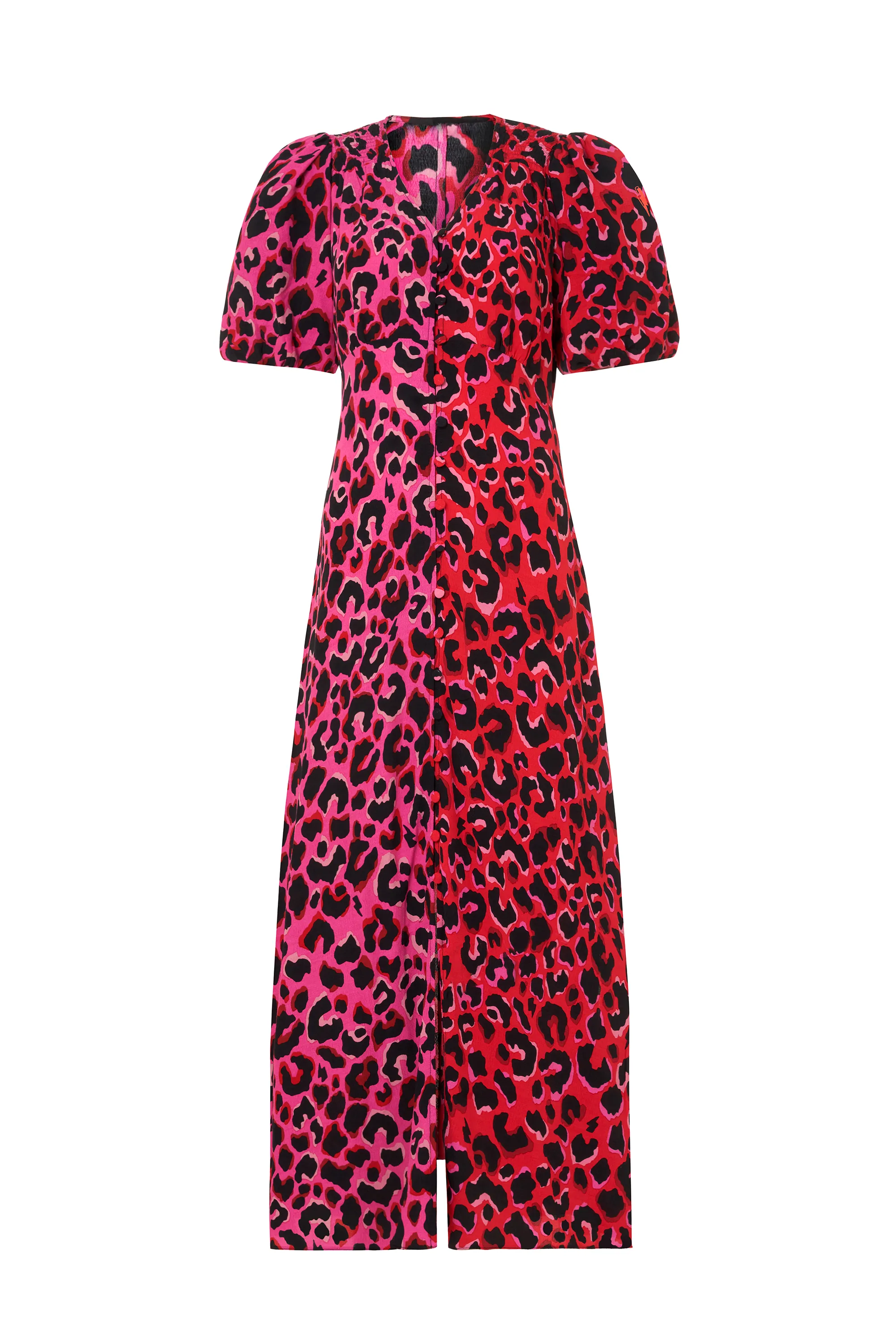 solo wear Red with Pink and Black Mix Pop Leopard Puff Sleeve Midi Tea Dress
