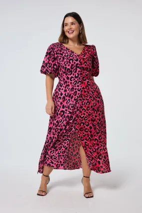 Red with Pink and Black Mix Pop Leopard Puff Sleeve Midi Tea Dress Minimalist Design Ceremony Ready