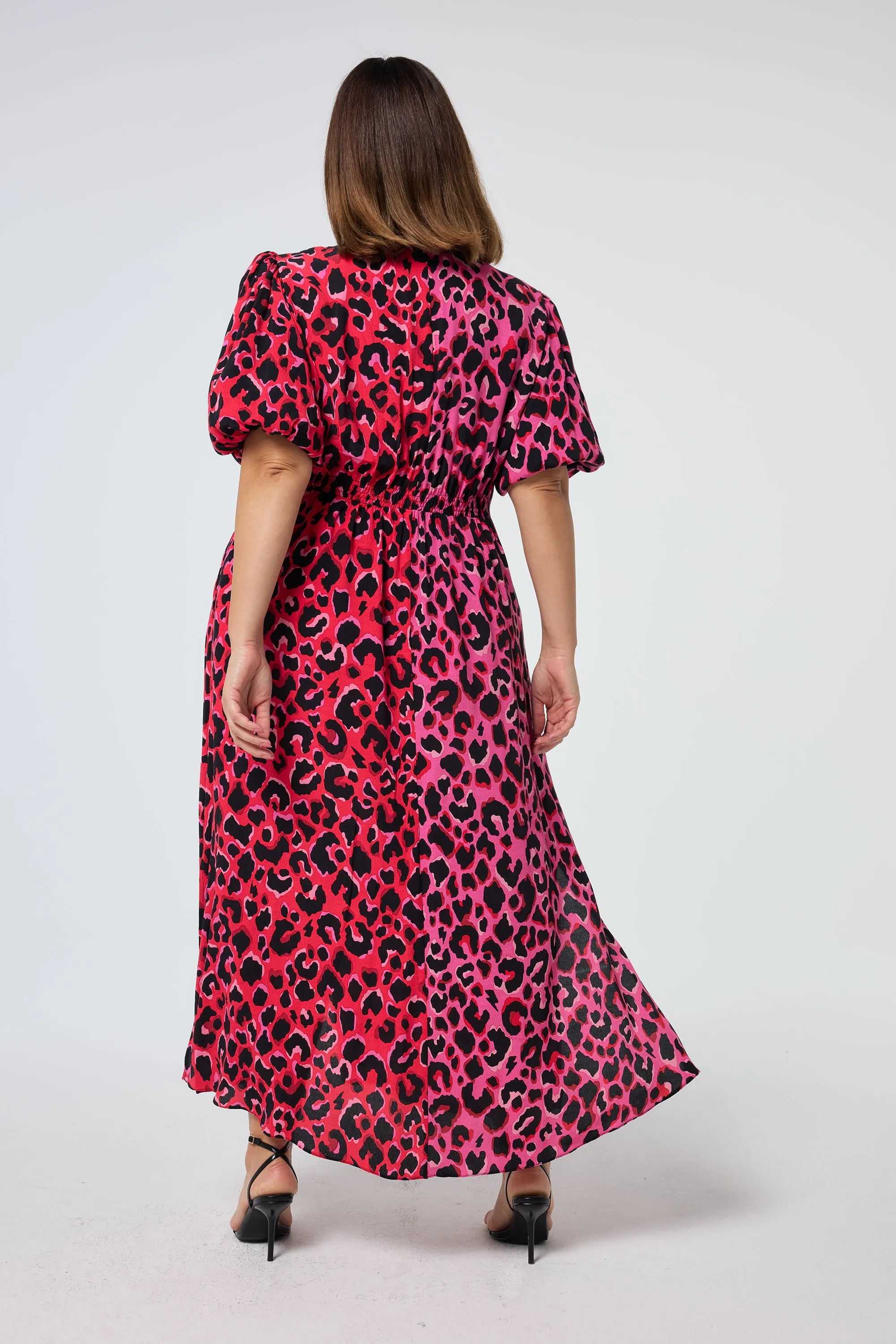 Red with Pink and Black Mix Pop Leopard Puff Sleeve Midi Tea Dress garden party Evening Motion