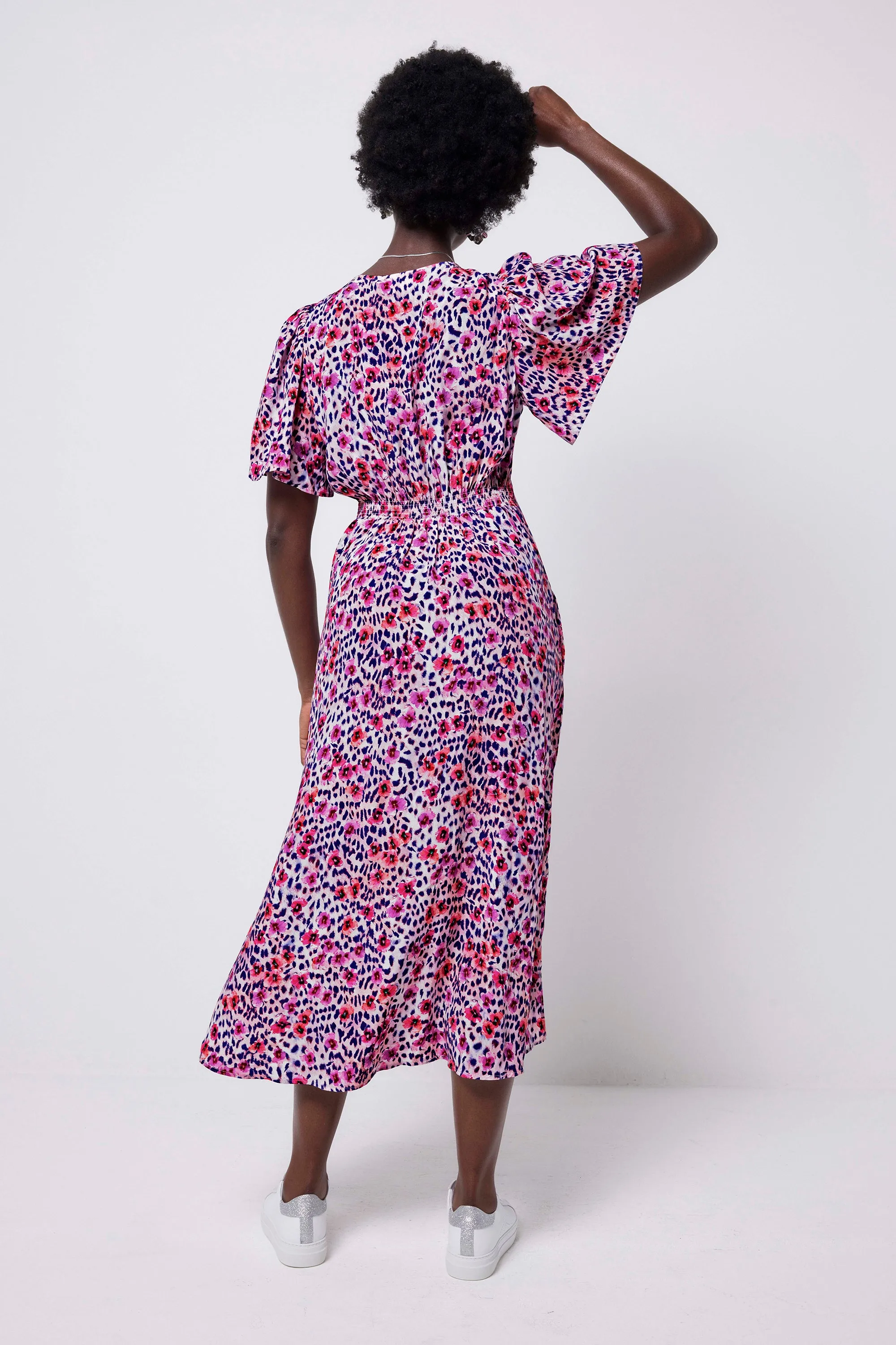 Dressy Yet Comfortable White with Pink Floral Cheetah Print Angel Sleeve Midi Tea Dress