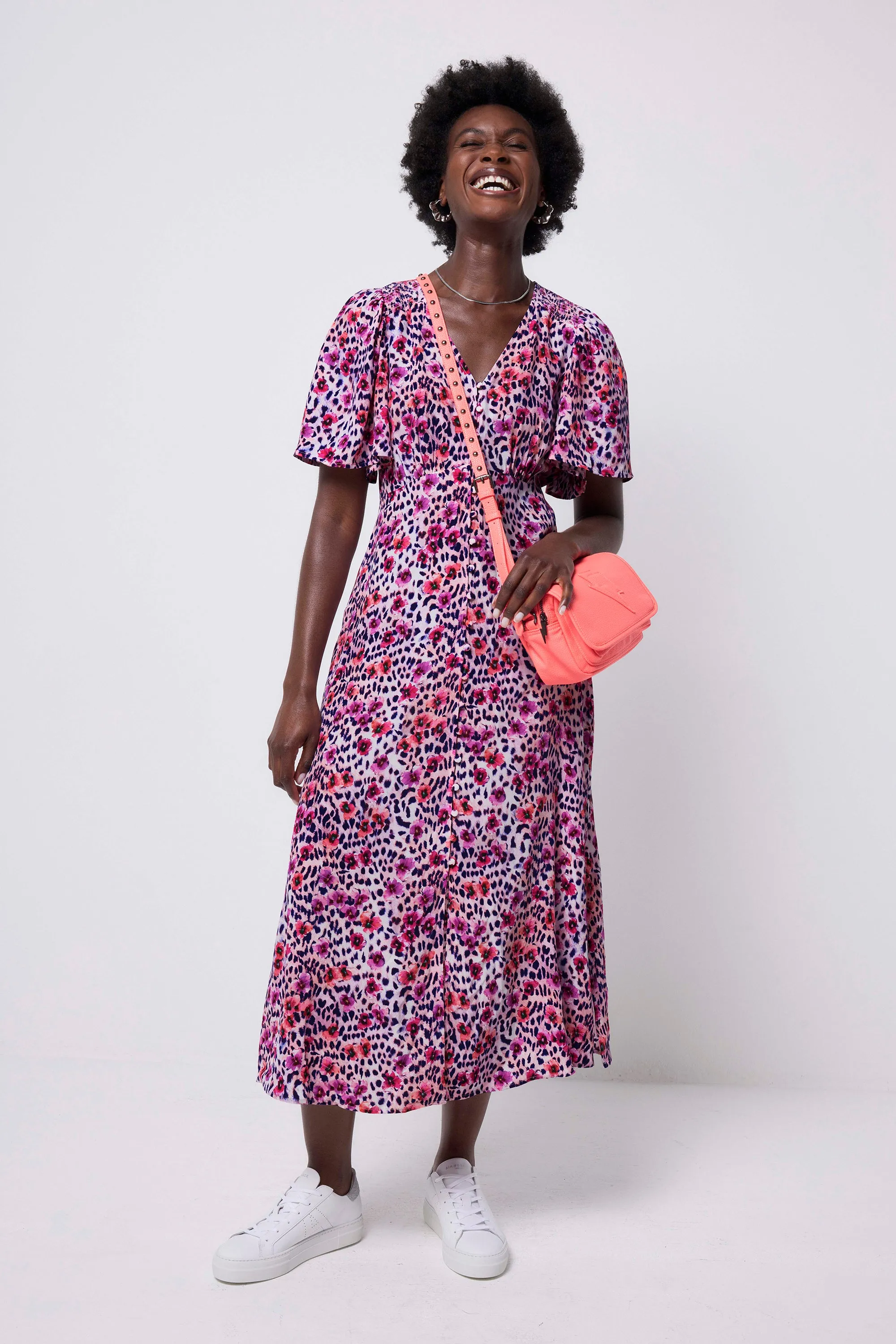 White with Pink Floral Cheetah Print Angel Sleeve Midi Tea Dress Fashion Mix Shine Skin