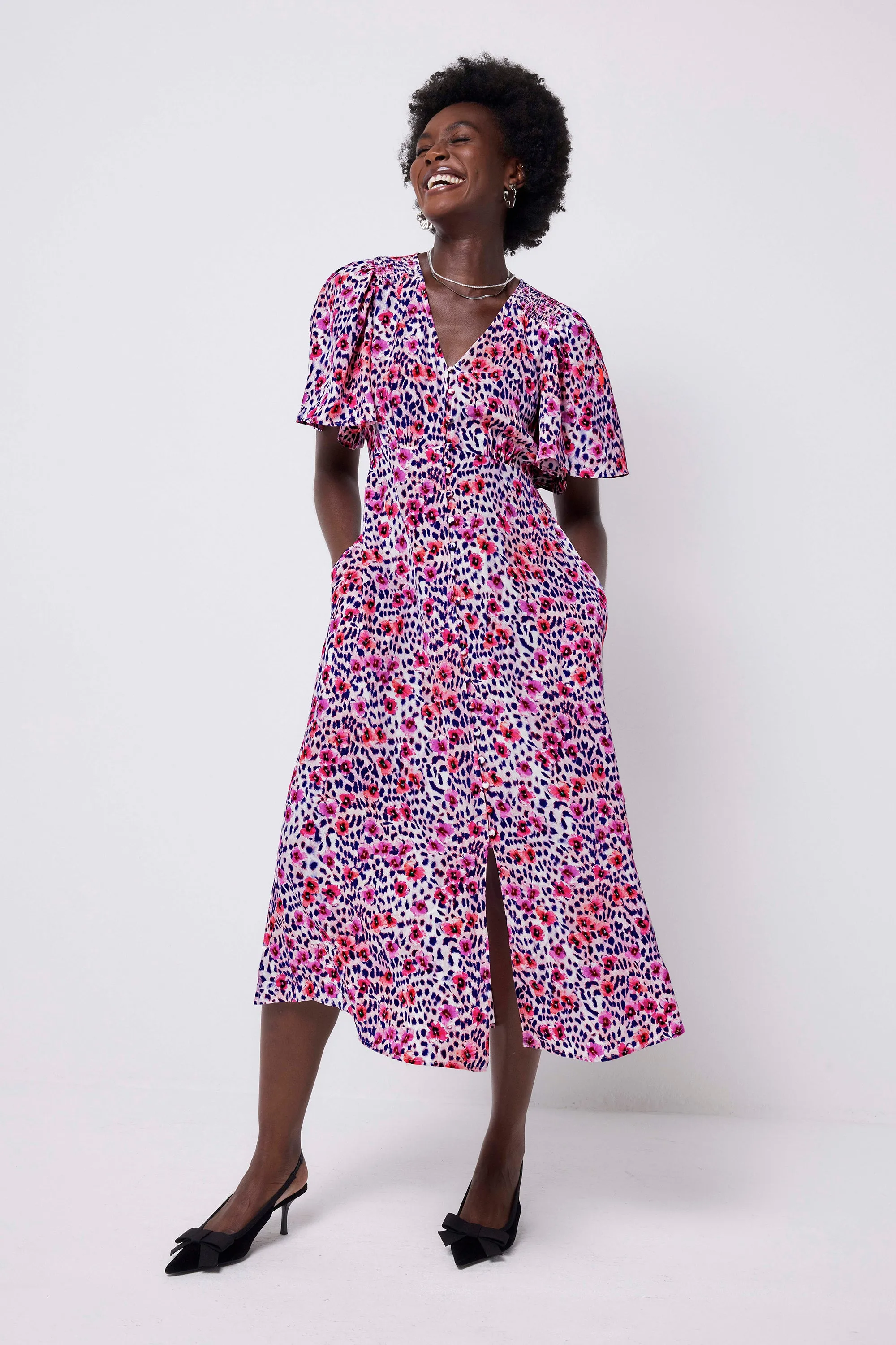 White with Pink Floral Cheetah Print Angel Sleeve Midi Tea Dress Timeless Wear