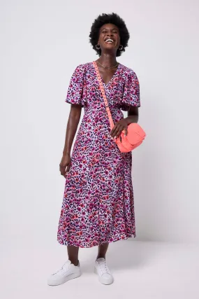White with Pink Floral Cheetah Print Angel Sleeve Midi Tea Dress Fashion Mix Shine Skin