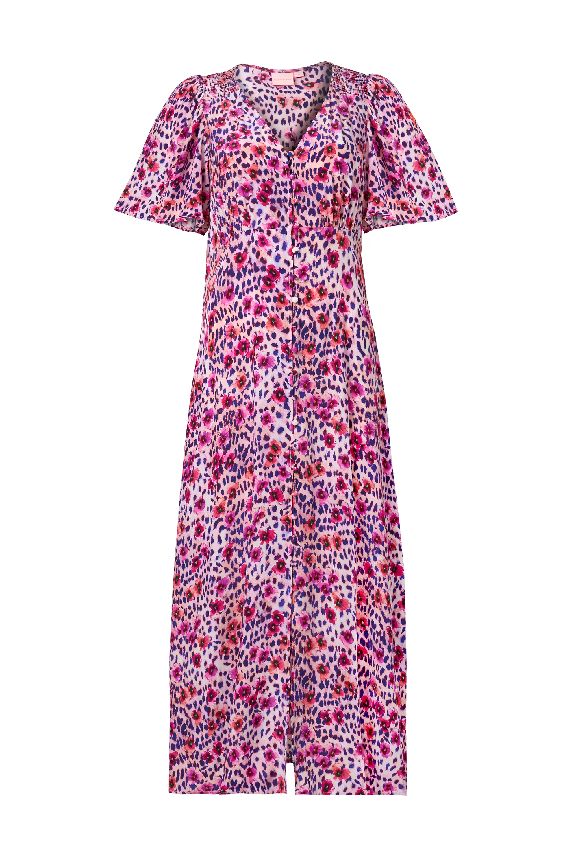 Weekend Casual White with Pink Floral Cheetah Print Angel Sleeve Midi Tea Dress