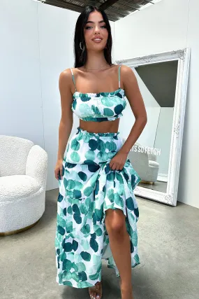 High Street Chic Tea length Selina Tiered Maxi Skirt - Green / White Print