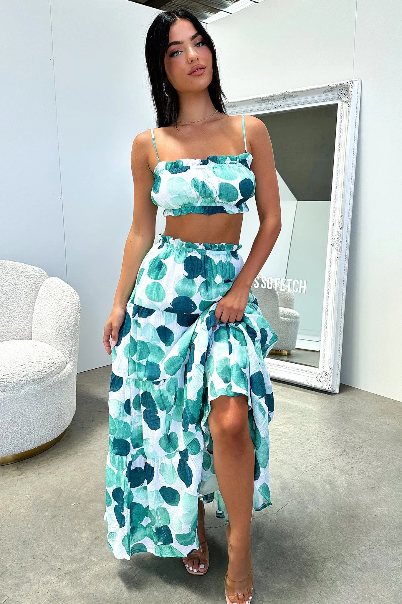 Selina Tiered Maxi Skirt - Green / White Print Tie Dye Style