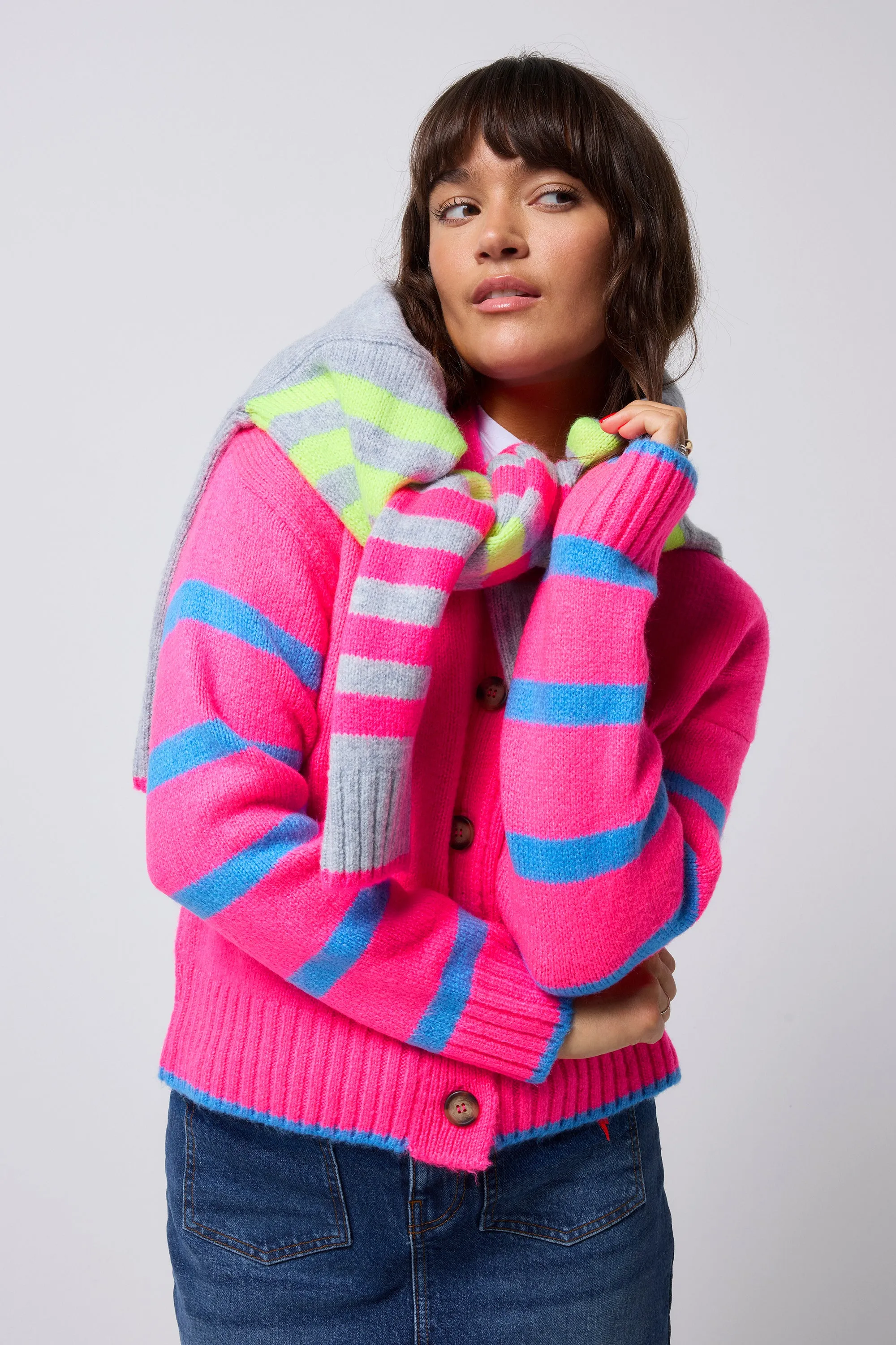 Neon Pink with Blue Stripe Cardigan Go-To Look