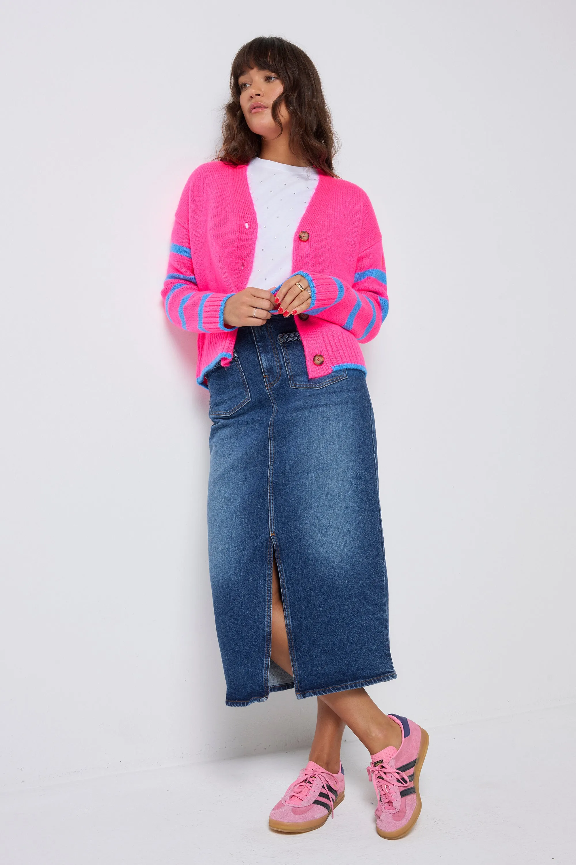 Fabric Softener Compatibility Chart Neon Pink with Blue Stripe Cardigan