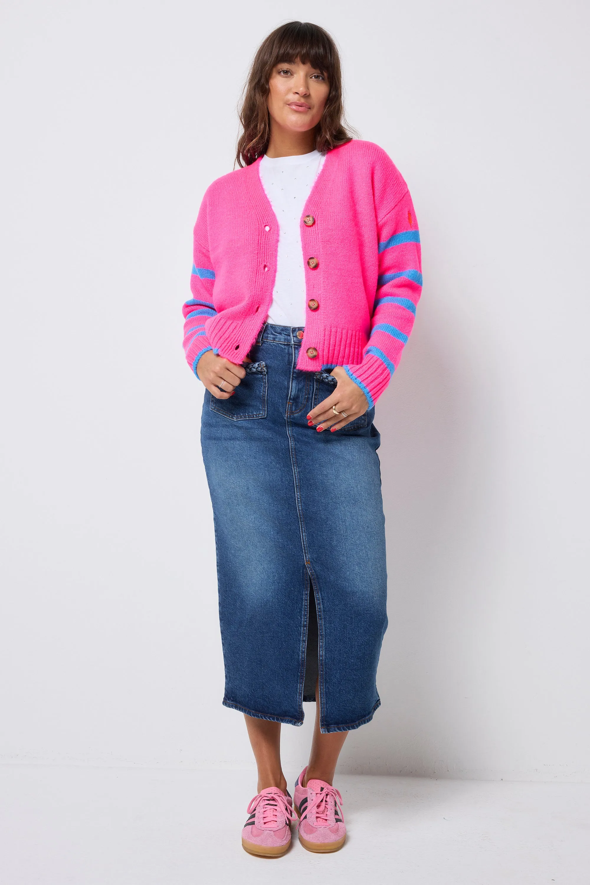 Neon Pink with Blue Stripe Cardigan Sleek Texture GarmentDyed Effect