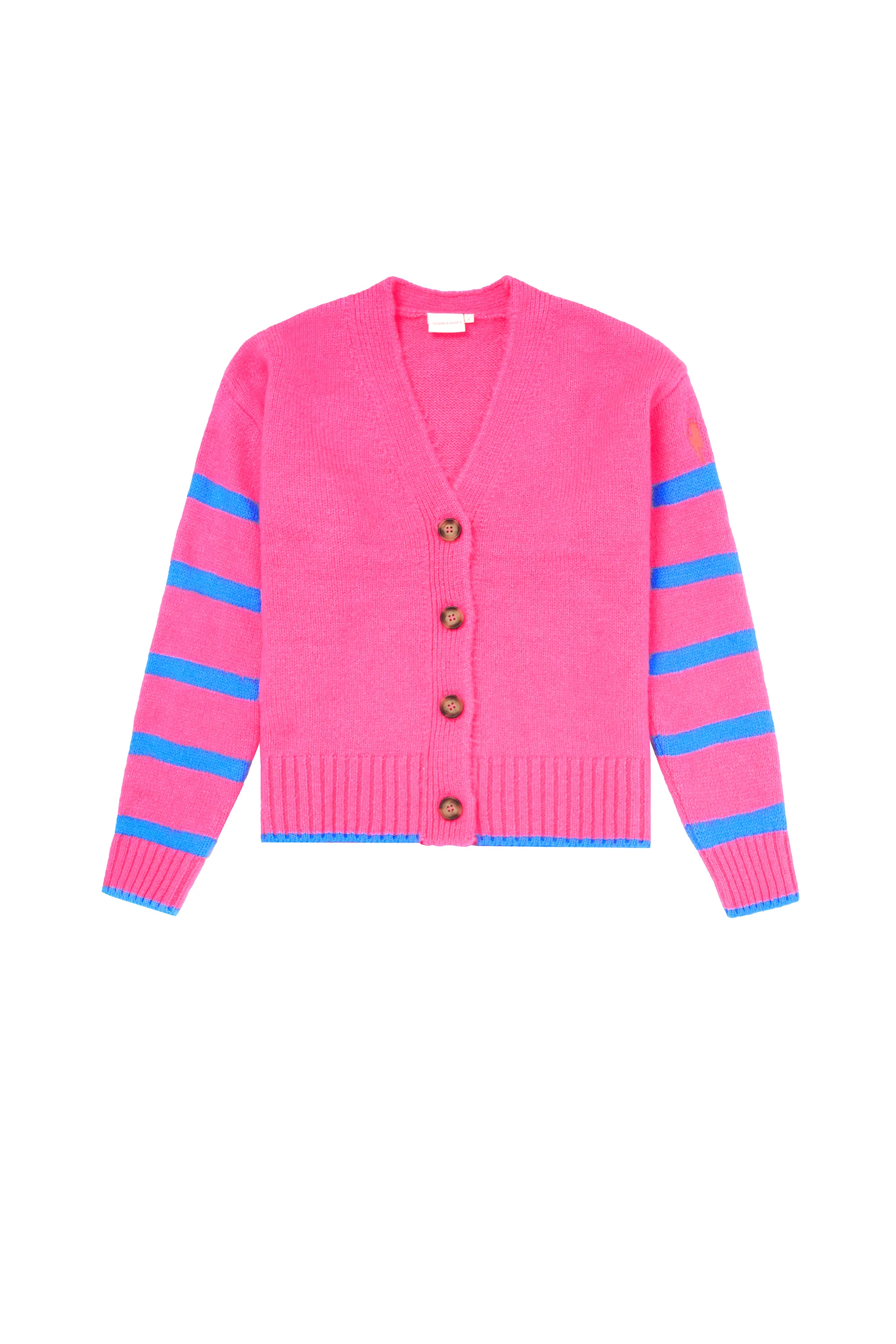 Clean Silhouette Flatlock Seam Construction Neon Pink with Blue Stripe Cardigan