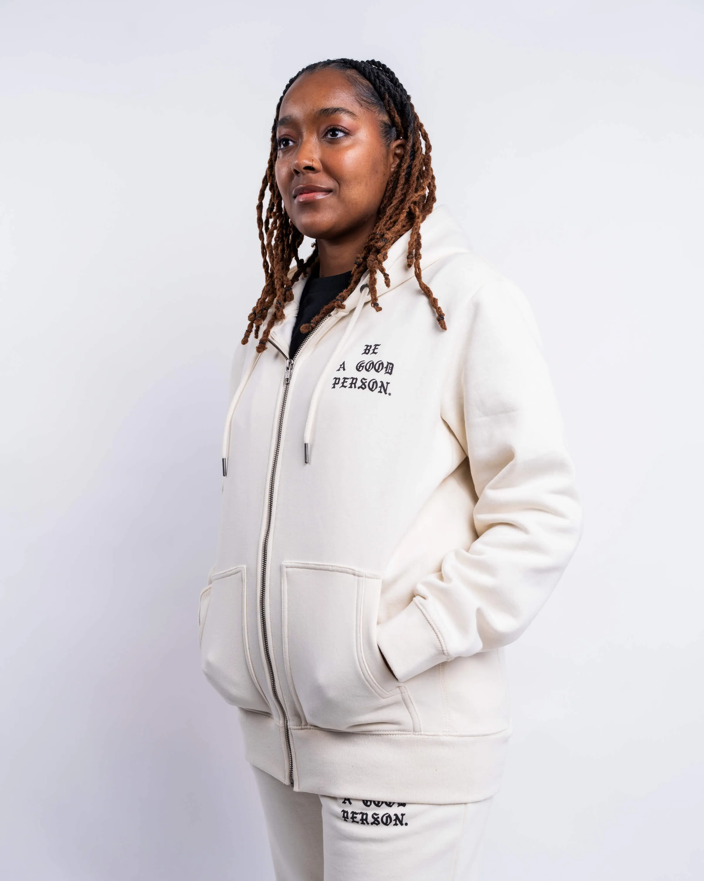 Saint Script Zip Up - Cream Comfy Design Fit Flexible Hood