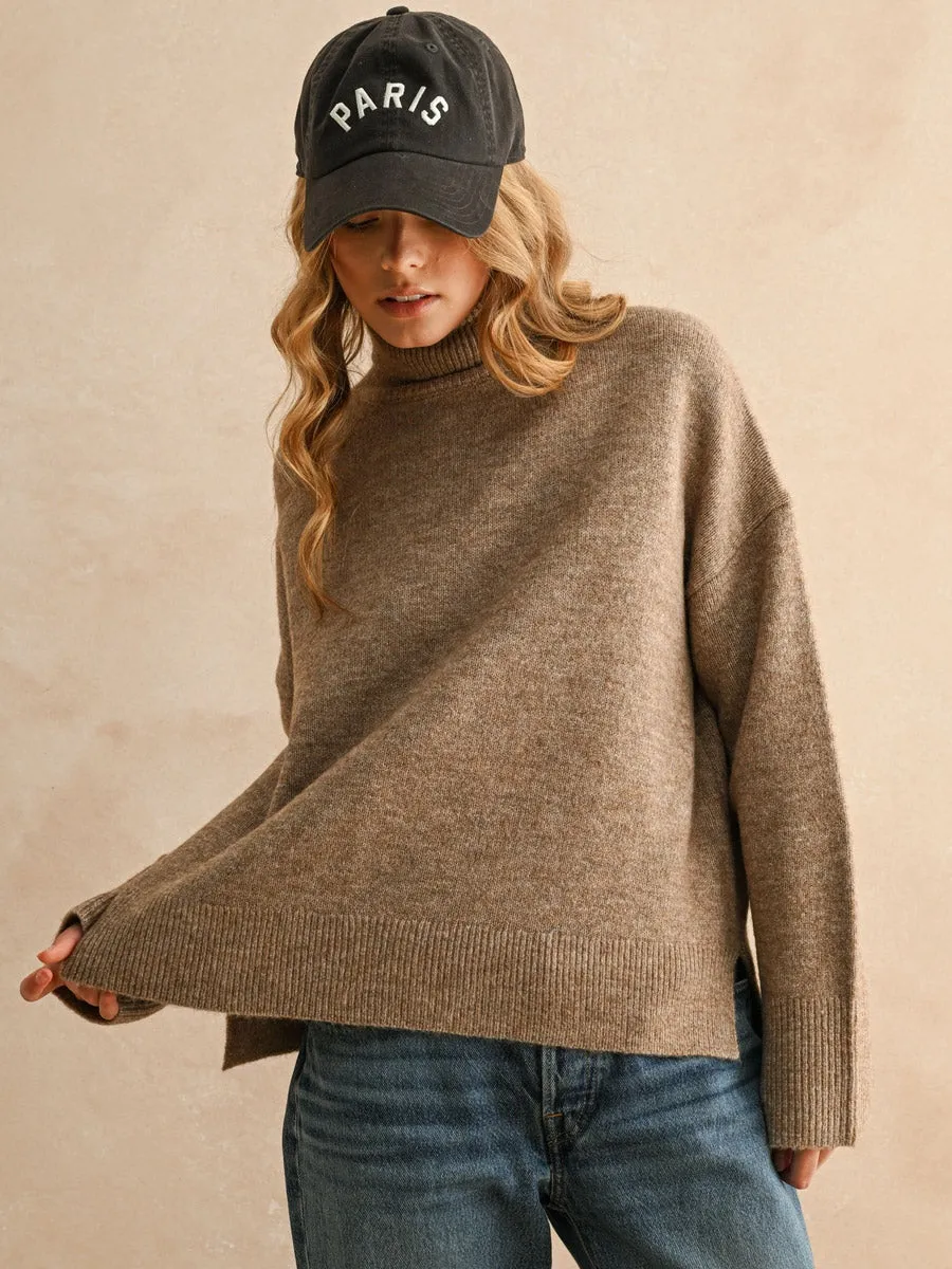 ribbed texture Snag Resistant Fabric TURTLE NECK LONG SLEEVE SWEATER - MOCHA