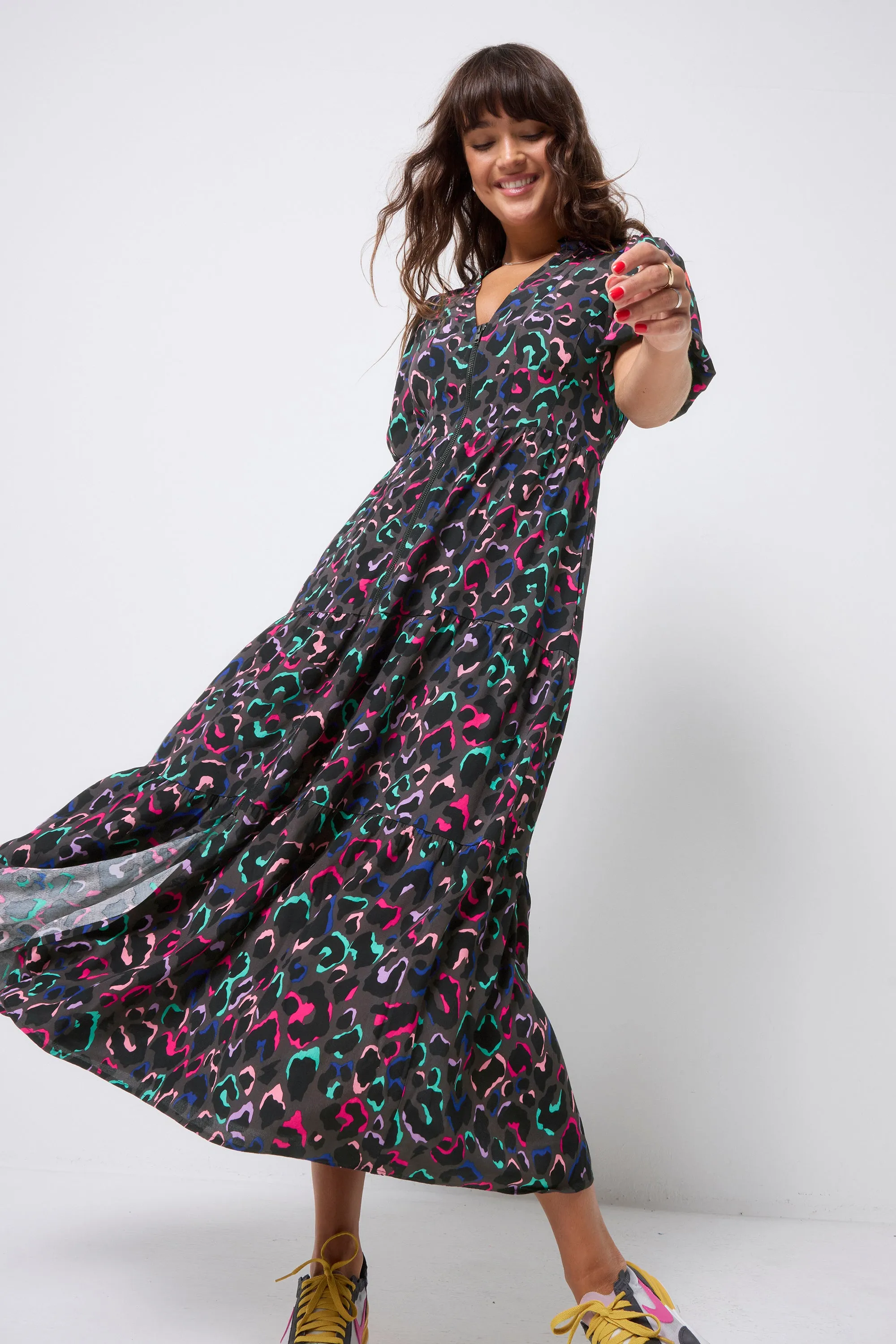 Grey with Rainbow Ziggy Leopard Zip Front Midi Tiered Dress Clean Tone