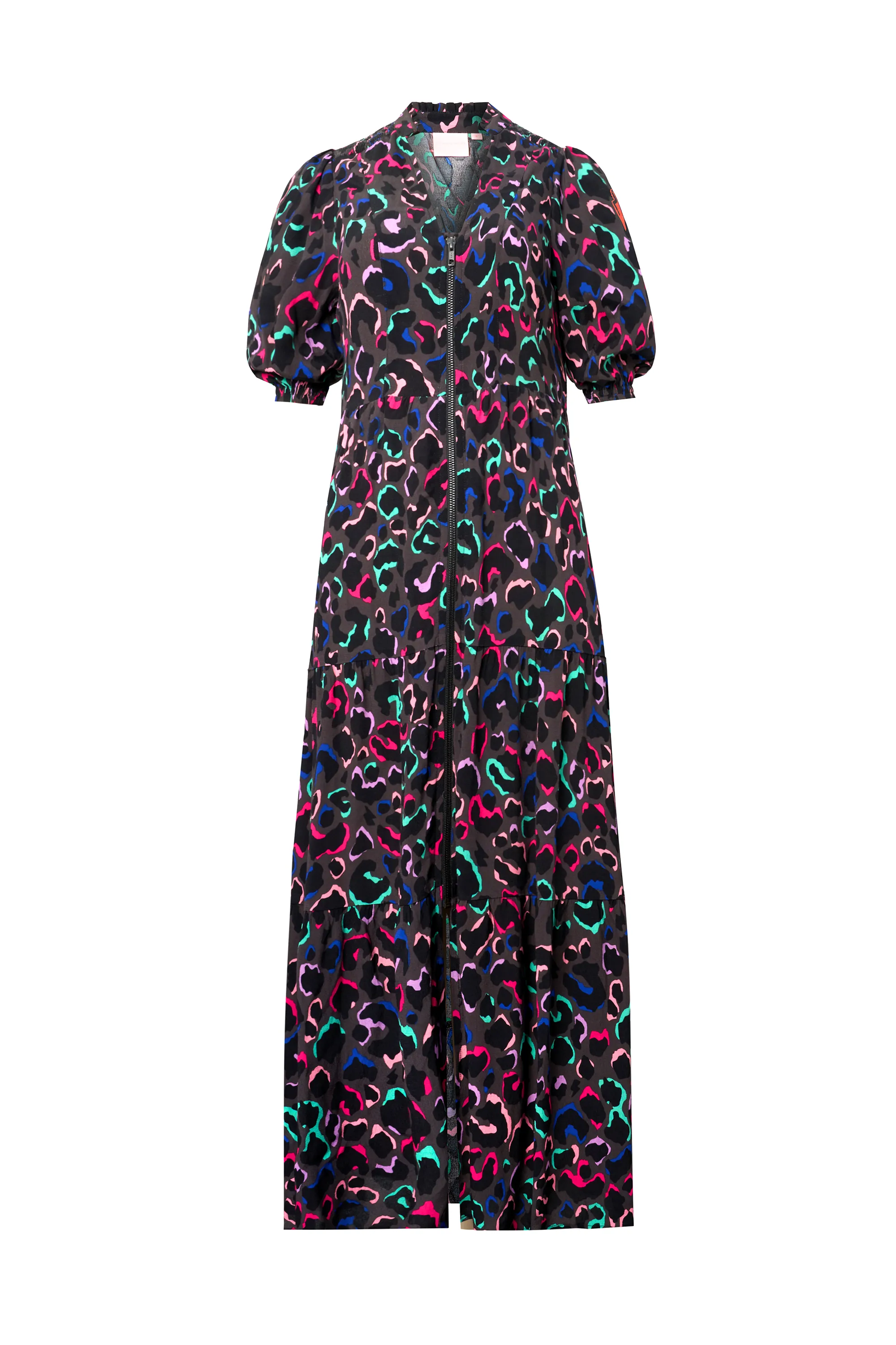 Soft Gradient Minimal Design Grey with Rainbow Ziggy Leopard Zip Front Midi Tiered Dress