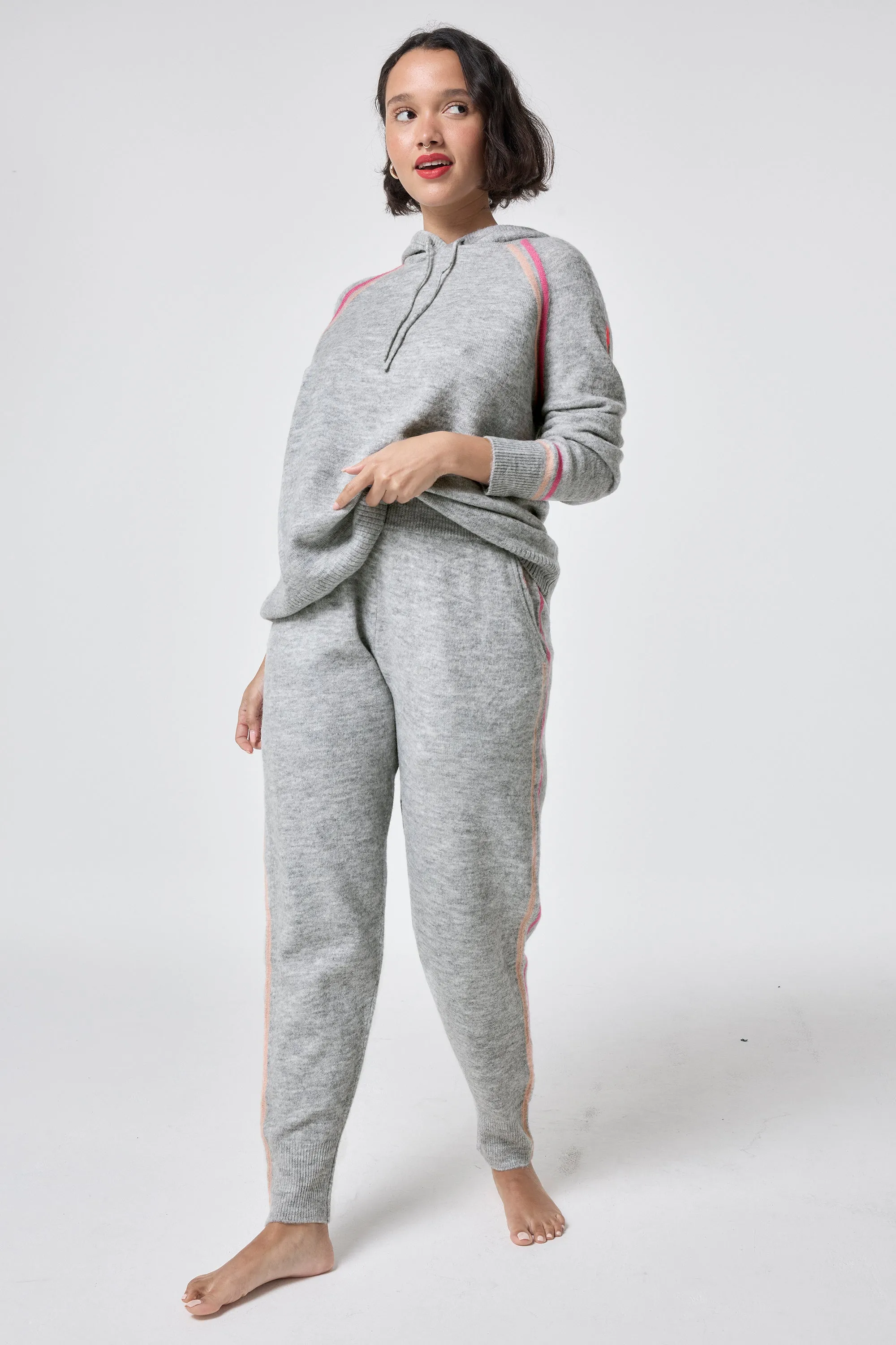 Grey with Peach and Pink Stripe Knitted Lounge Wear Hoodie Chunky Cable Pattern