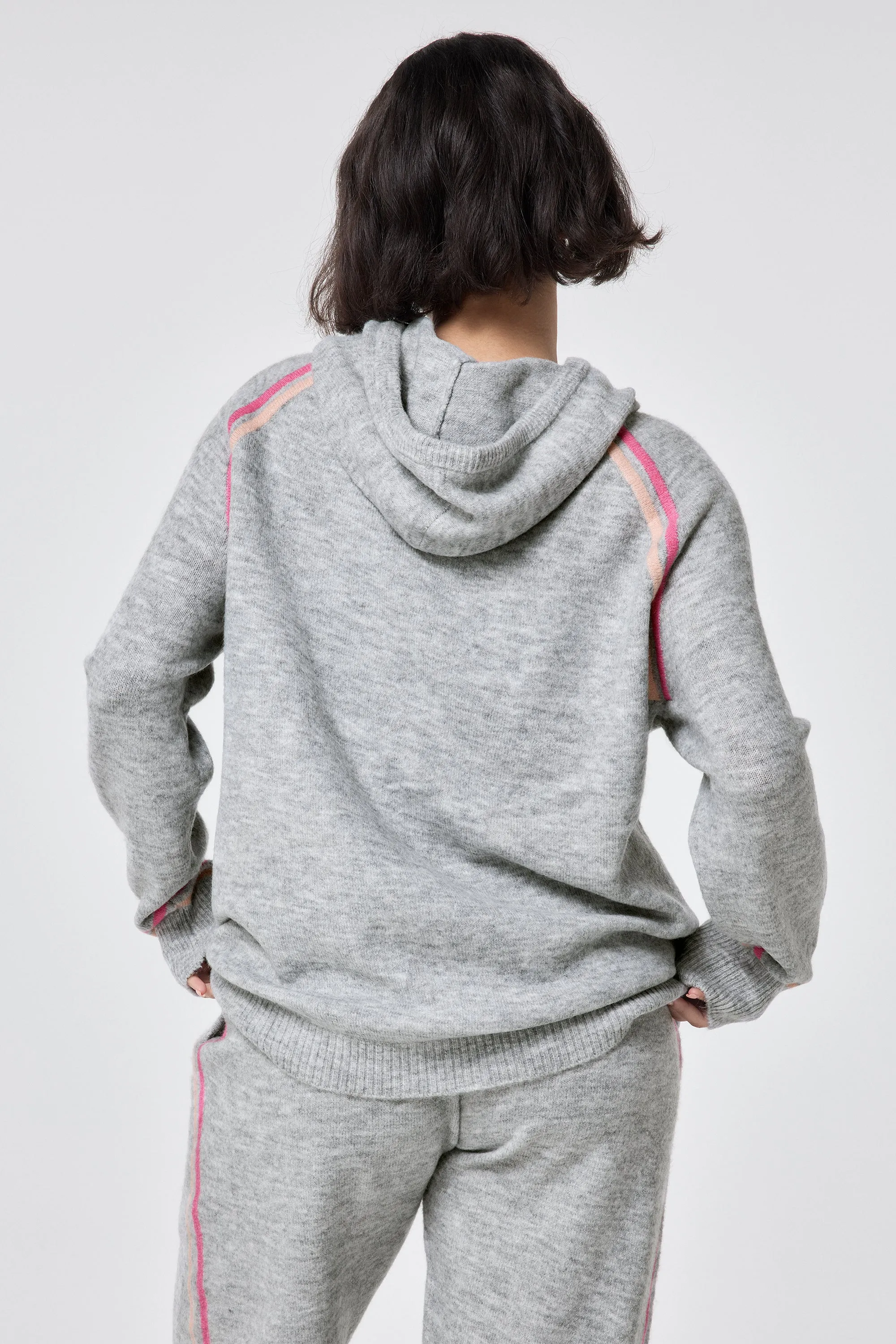 Grey with Peach and Pink Stripe Knitted Lounge Wear Hoodie Eco Friendly Fibers
