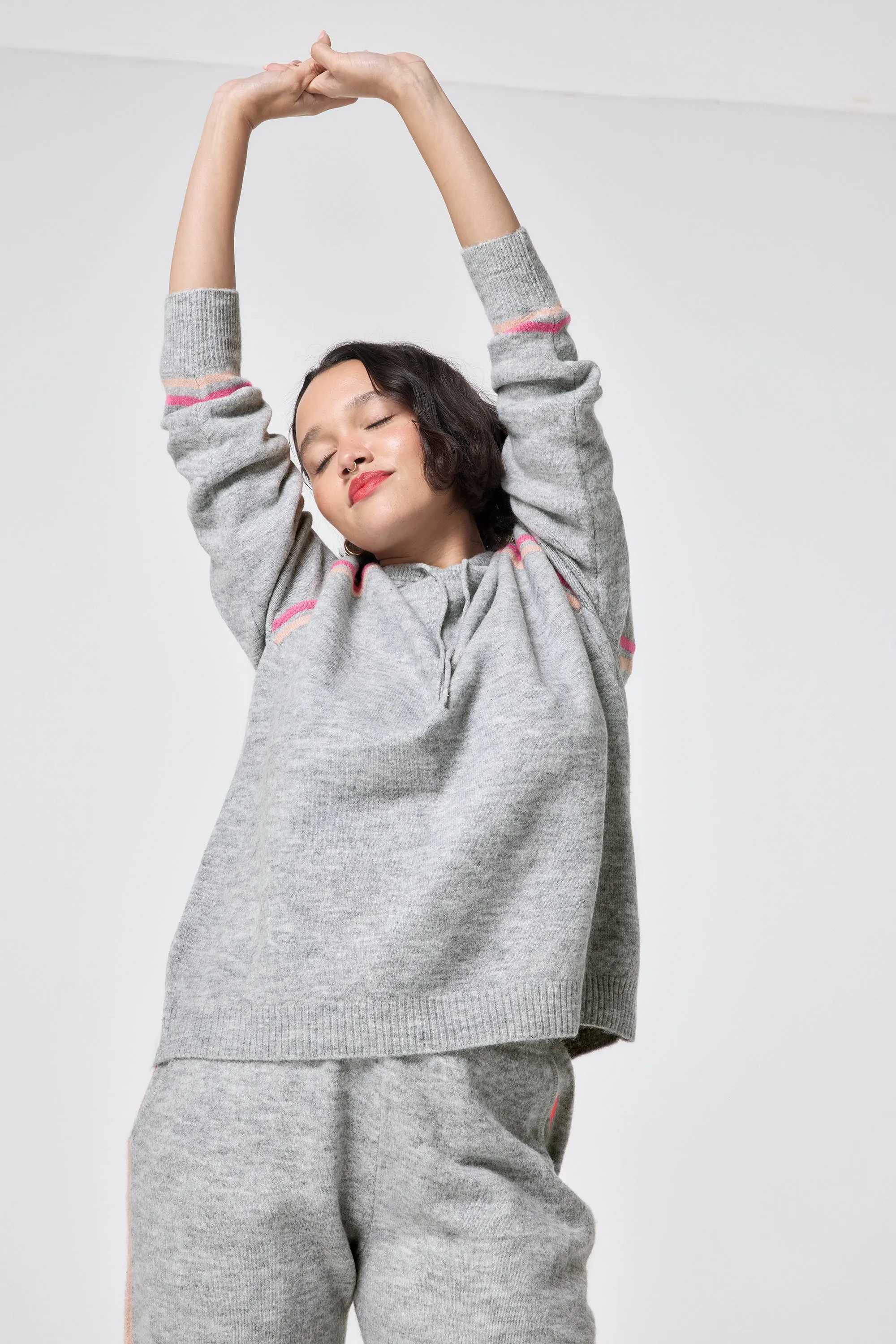Grey with Peach and Pink Stripe Knitted Lounge Wear Hoodie Warm Classic Surface Pilling Resistant