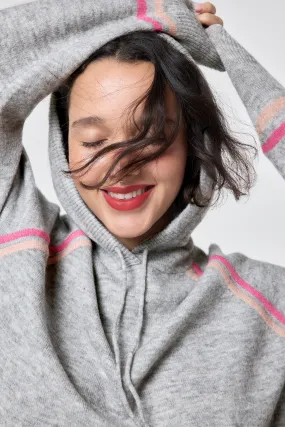 Unstructured Silhouette Grey with Peach and Pink Stripe Knitted Lounge Wear Hoodie