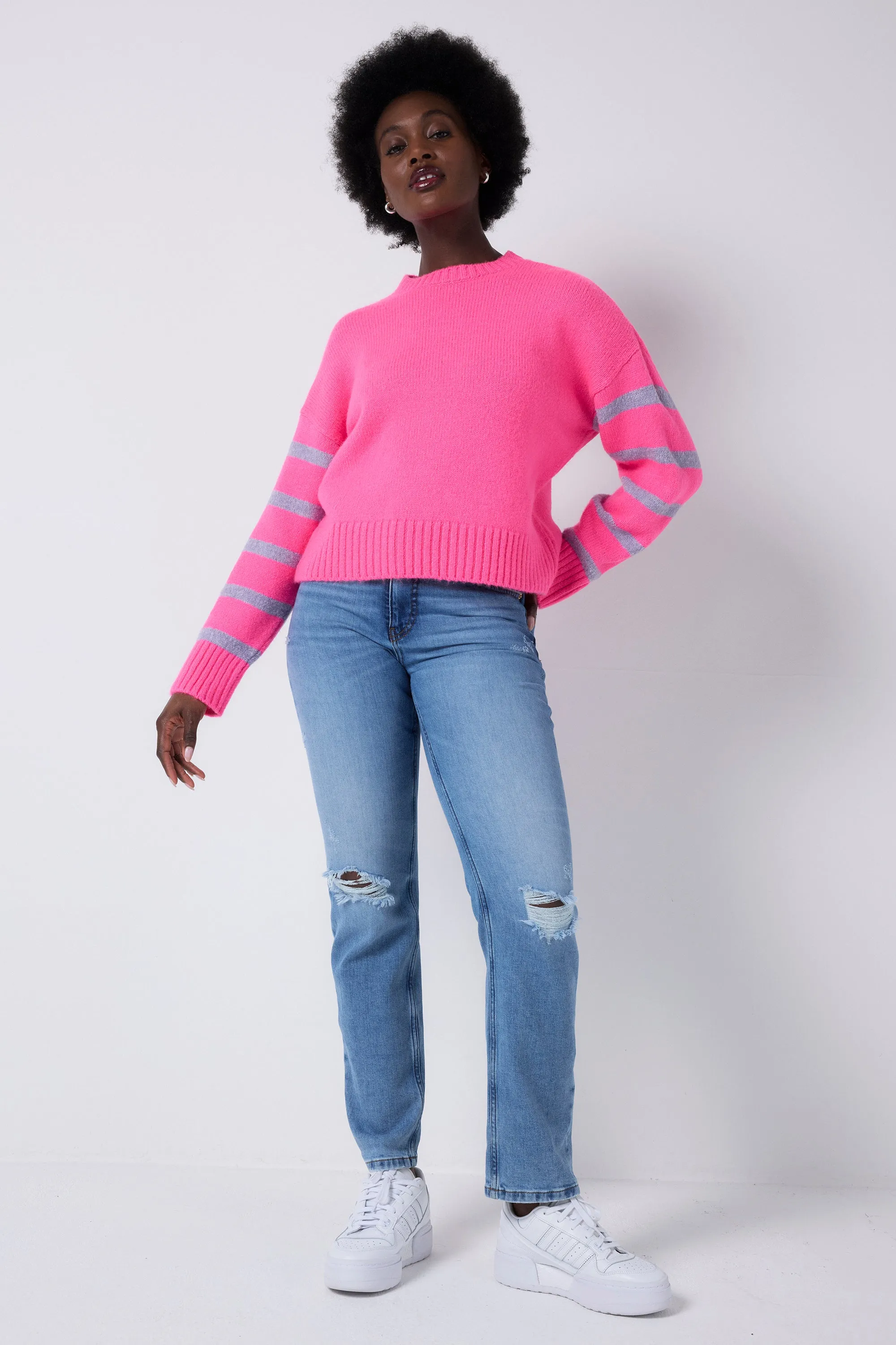 Layered HeatTrap Stitching Neon Pink and Lilac Stripe Knit Jumper