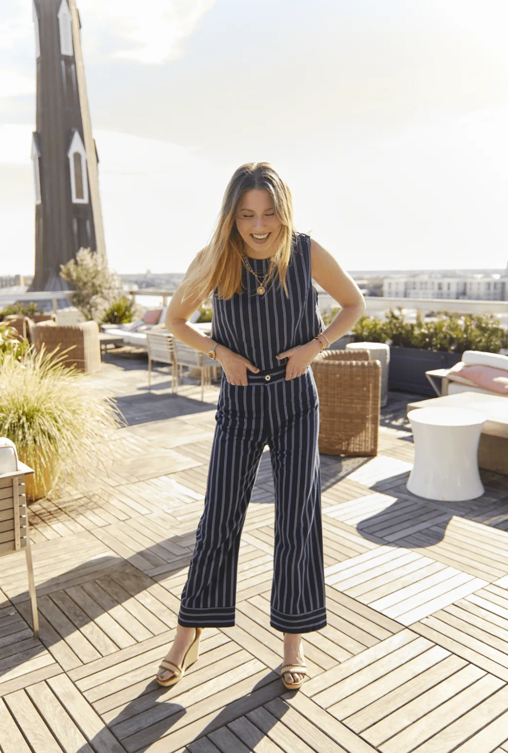 Relaxed Style Flat Front Trousers - Dewberry Stripe