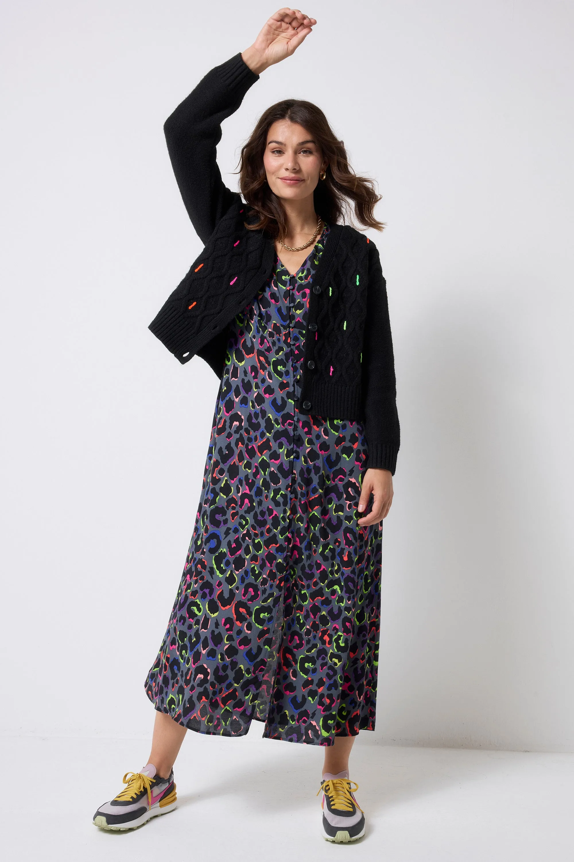 Black with Neon Rainbow Flecks Cable Knit Cardigan Non Restrictive Silhouette