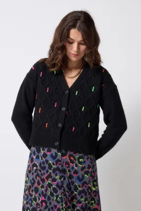 Versatile Warmth Black with Neon Rainbow Flecks Cable Knit Cardigan