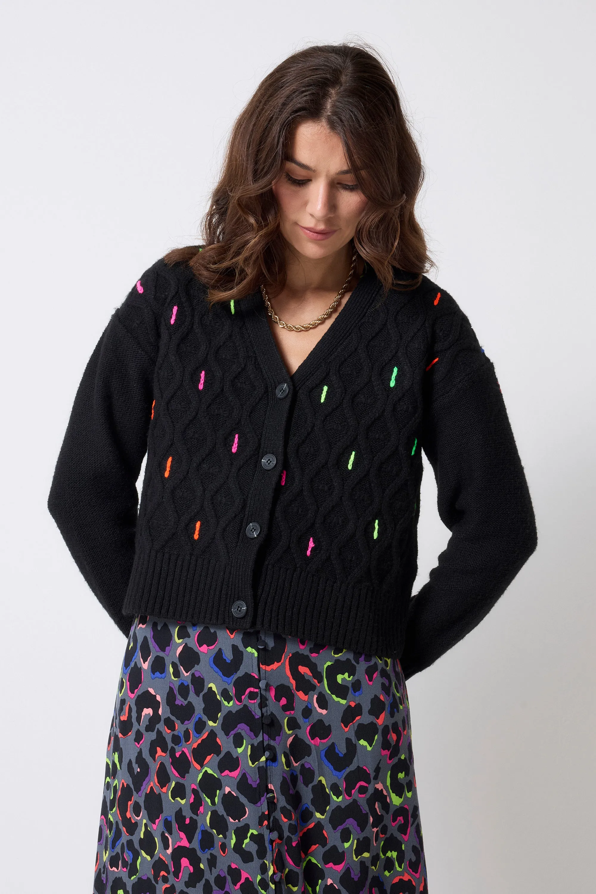 Versatile Warmth Black with Neon Rainbow Flecks Cable Knit Cardigan
