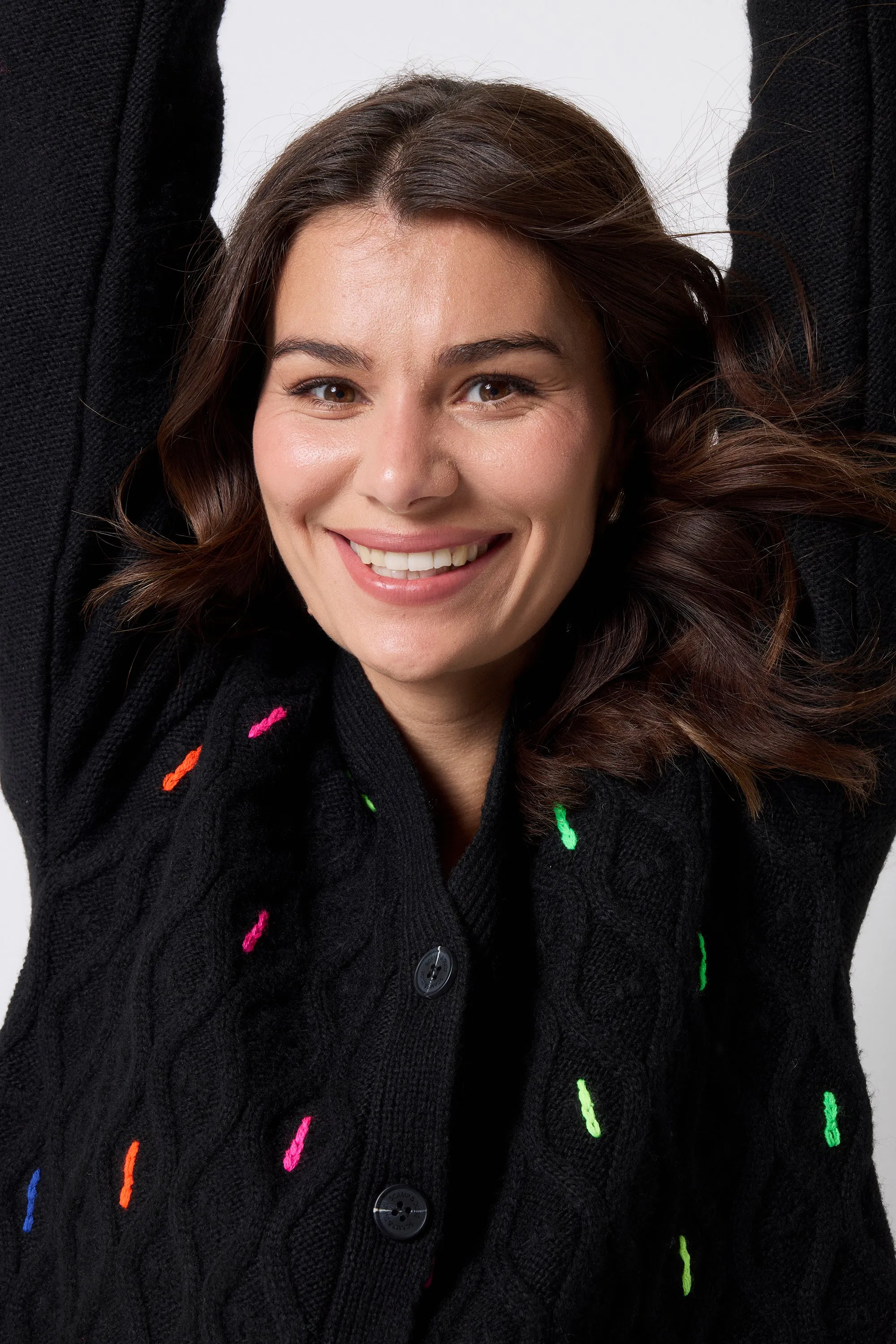 Ventilated Armhole Design Black with Neon Rainbow Flecks Cable Knit Cardigan