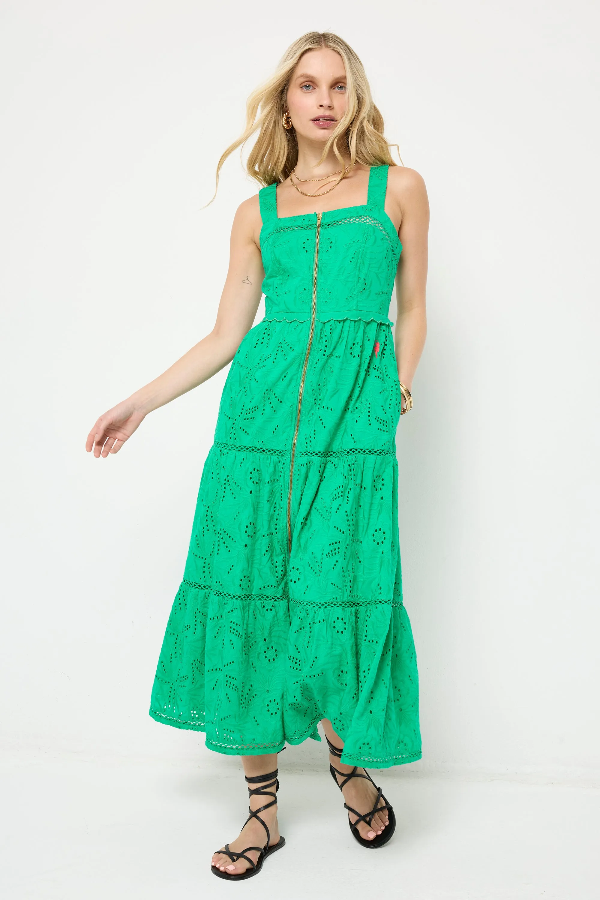 Comfortable office piece Green Broderie Zip Detail Midi Sundress