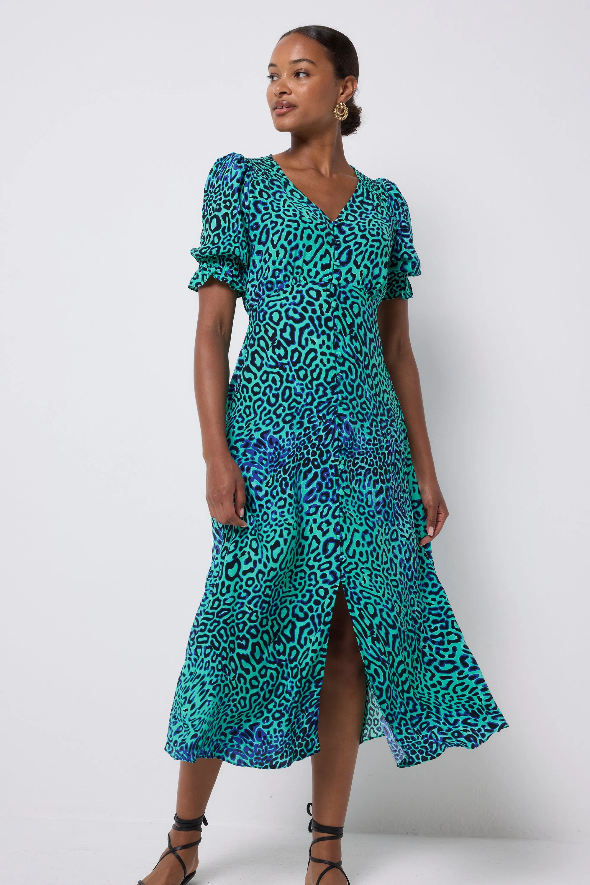 Layerable Piece Green with Black Leopard Ray Flute Sleeve Midi Tea Dress