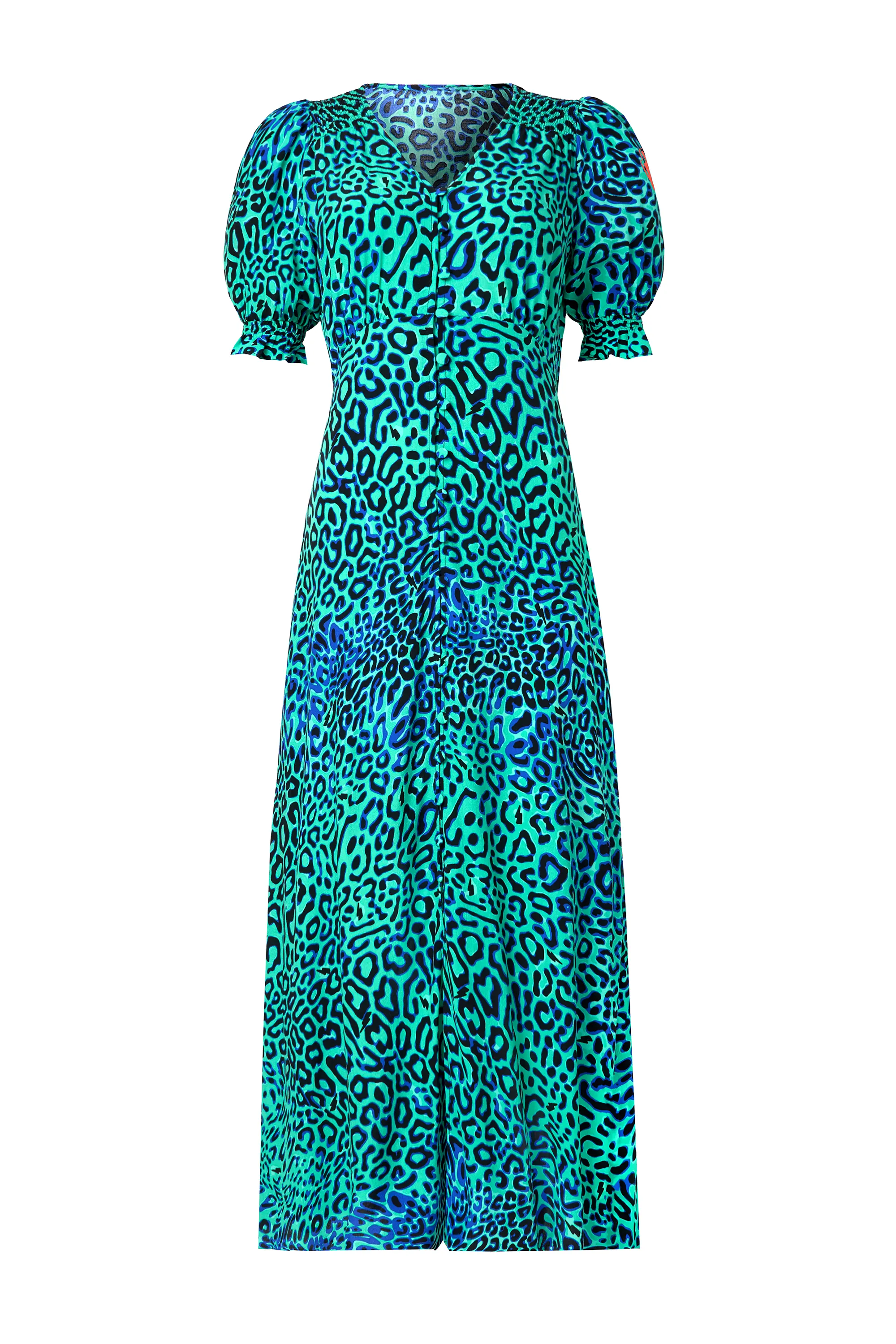 Green with Black Leopard Ray Flute Sleeve Midi Tea Dress Celebrity-Inspired Soft-Lining