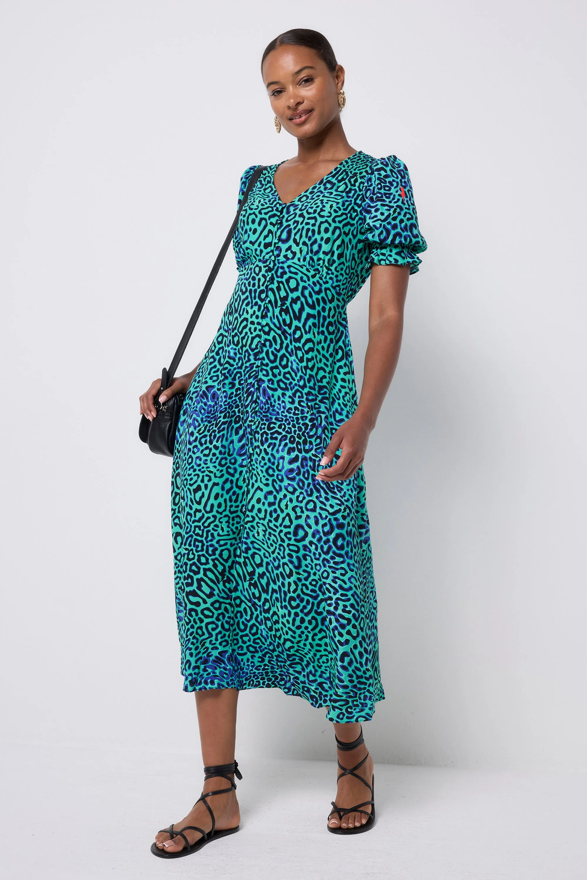 Green with Black Leopard Ray Flute Sleeve Midi Tea Dress Cool Elegance Vibrant Light