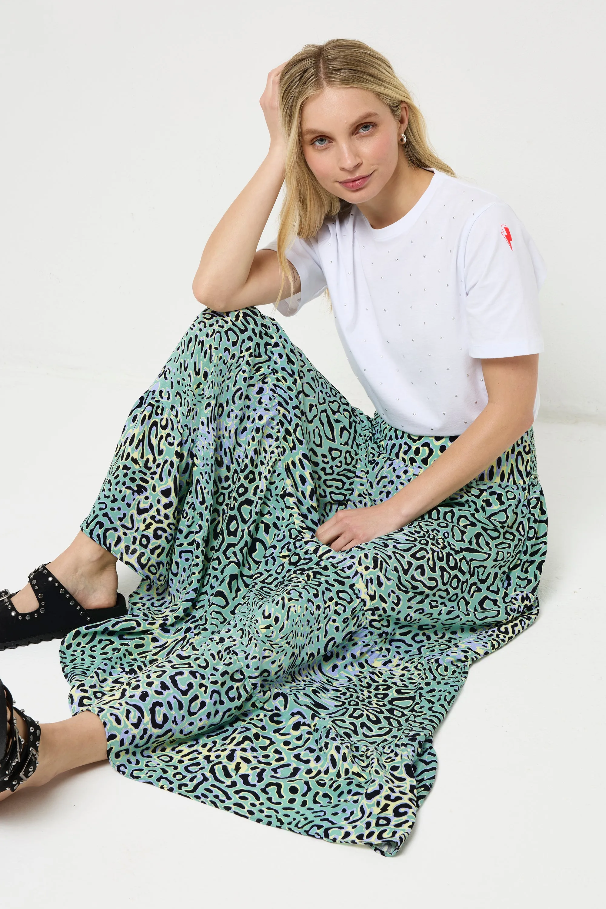 Green with Yellow Leopard Ray Maxi Skirt Easy Layer