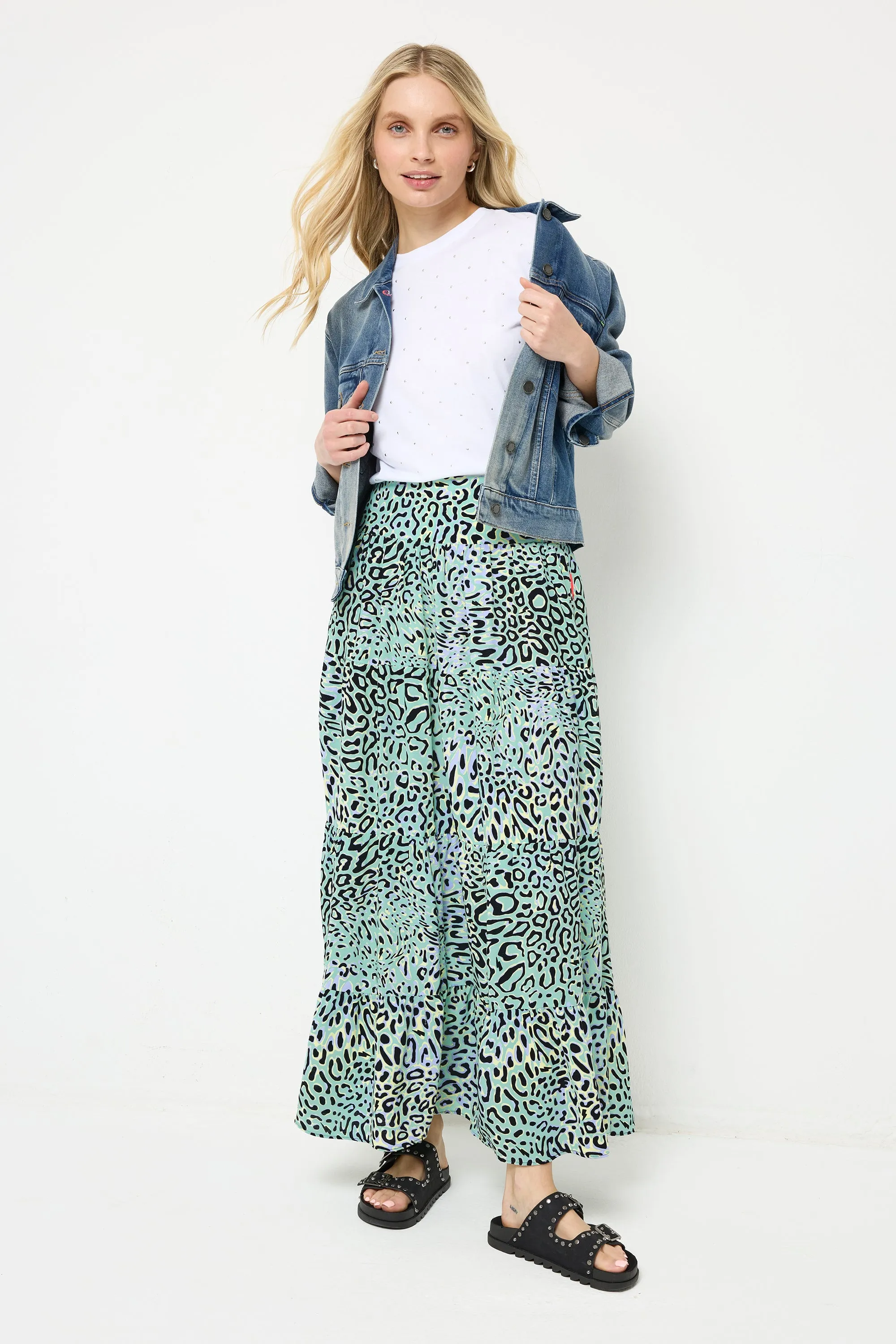 Green with Yellow Leopard Ray Maxi Skirt Classic Fit