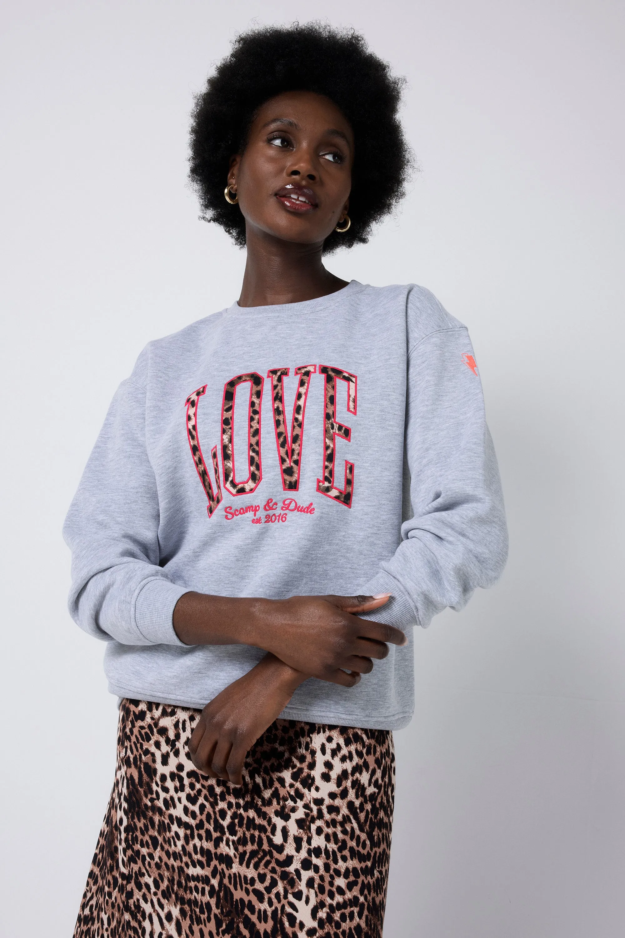 Grey Love Cheetah Oversized Sweatshirt Long Sleeve