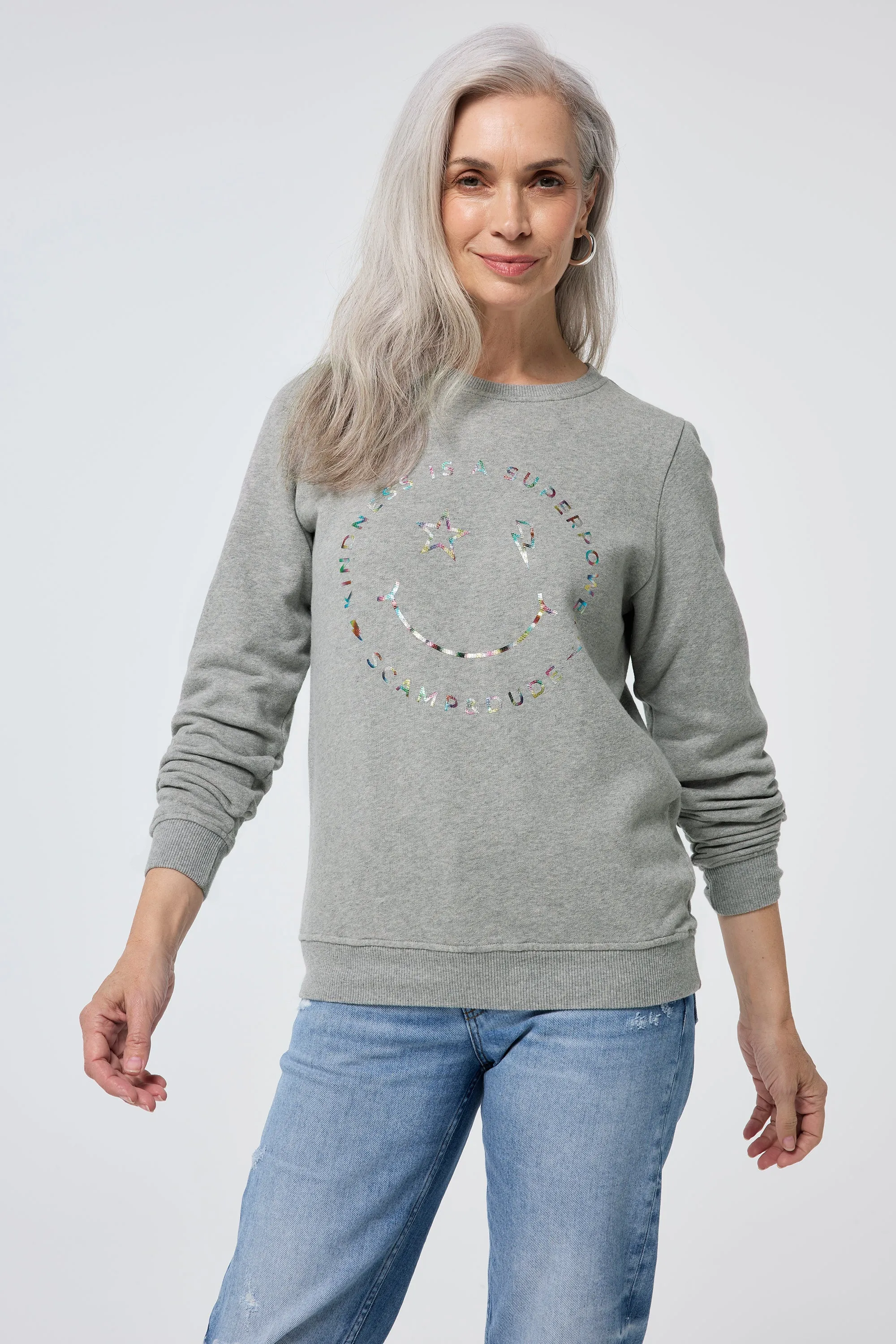 Youth Style Printed Grey Marl with Rainbow Foil Smiley Face Classic Sweatshirt