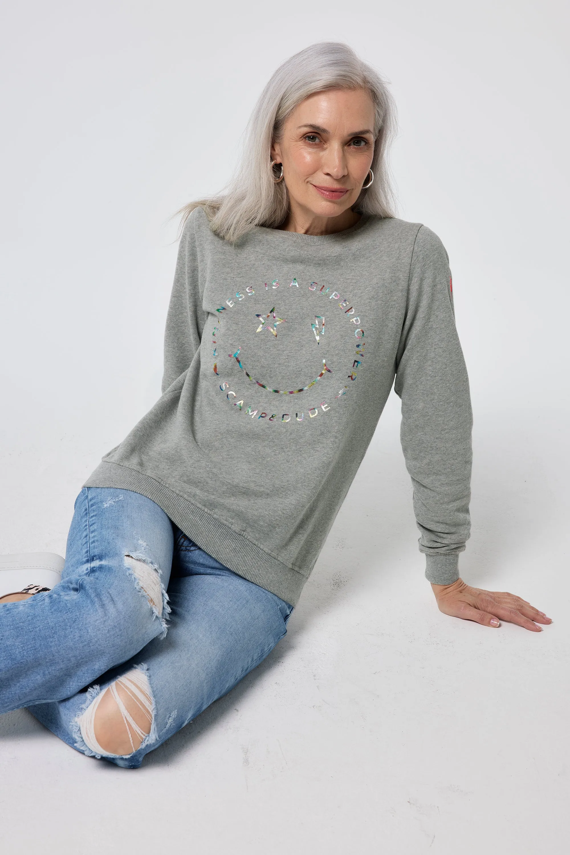 Grey Marl with Rainbow Foil Smiley Face Classic Sweatshirt Street Style Essential Relaxed