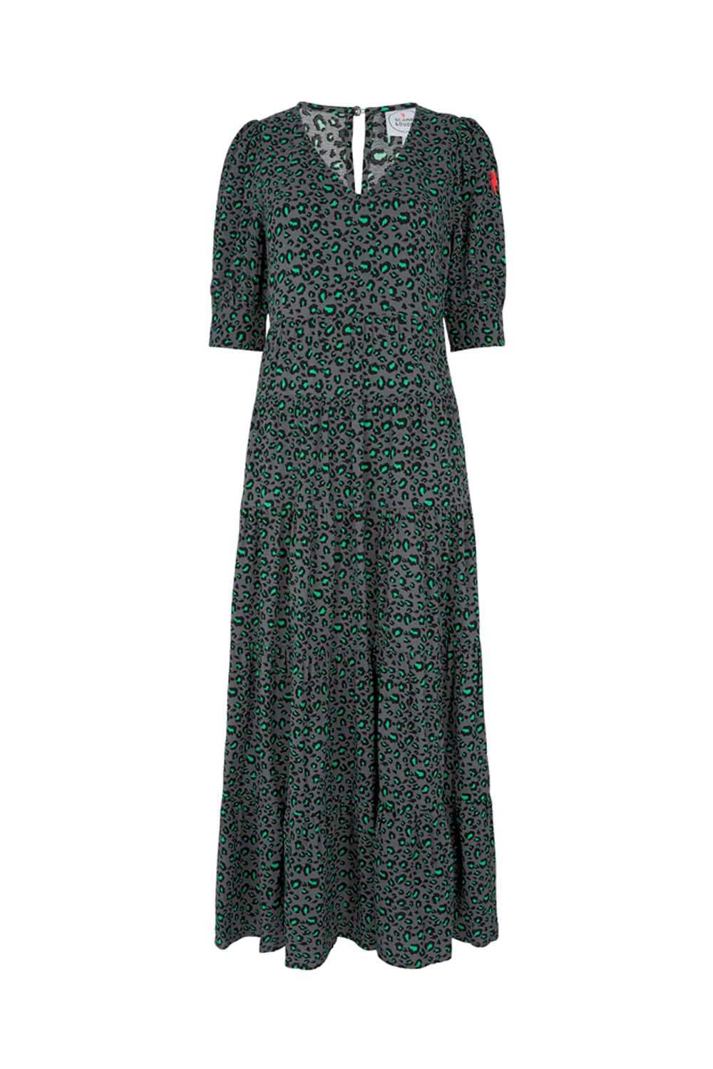 Grey with Black and Green Snow Leopard Maxi Dress Bold Color Sleek Presence