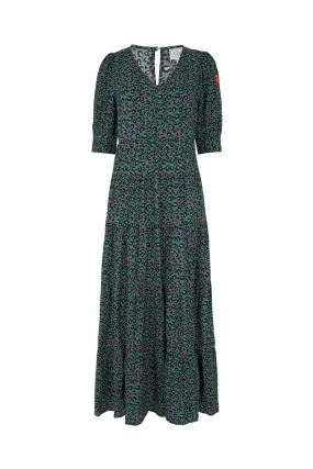Modern Silhouette Neutral Mood Grey with Black and Green Snow Leopard Maxi Dress