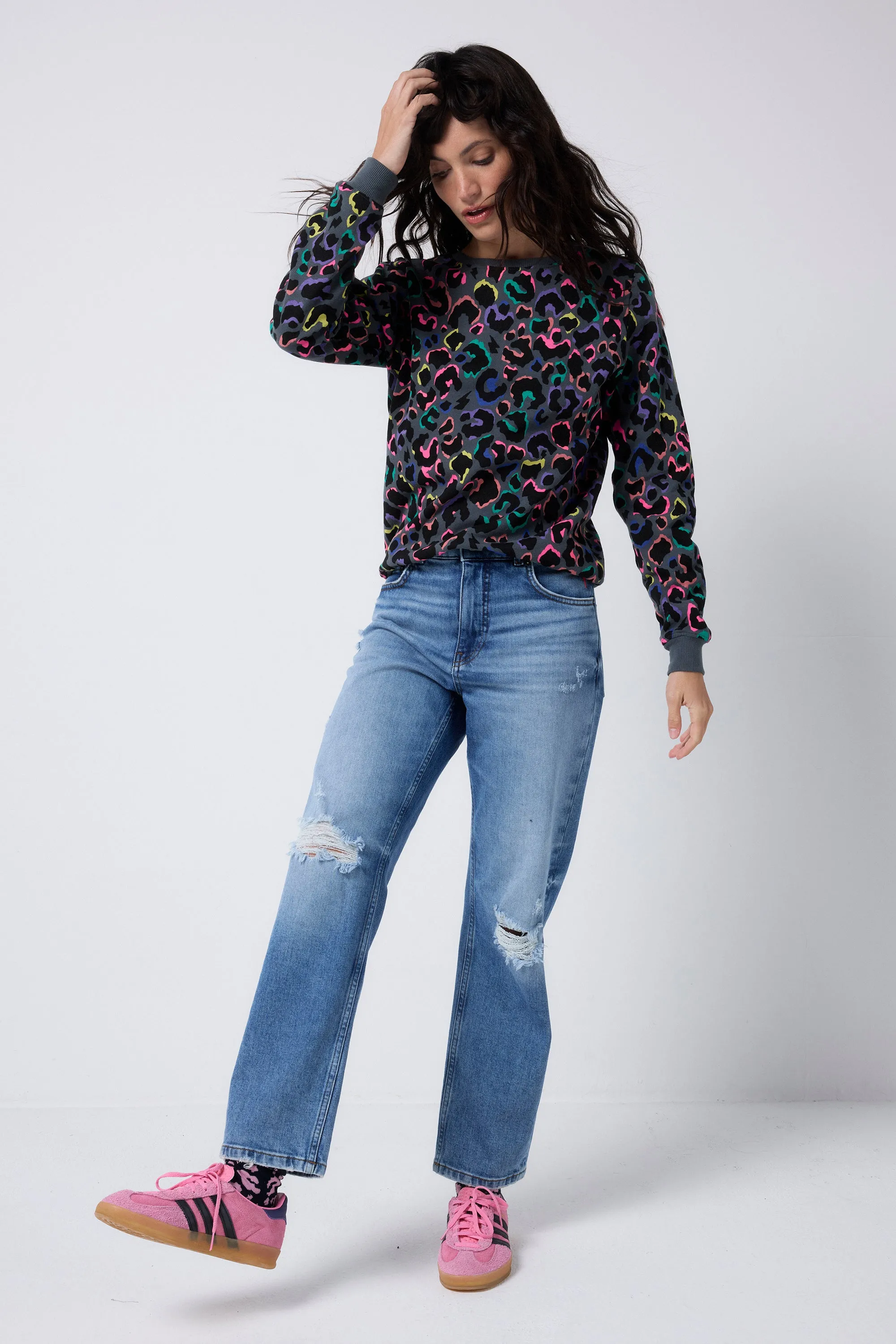 Grey with Rainbow Shadow Leopard Classic Sweatshirt appropriate for winter Anti fungal