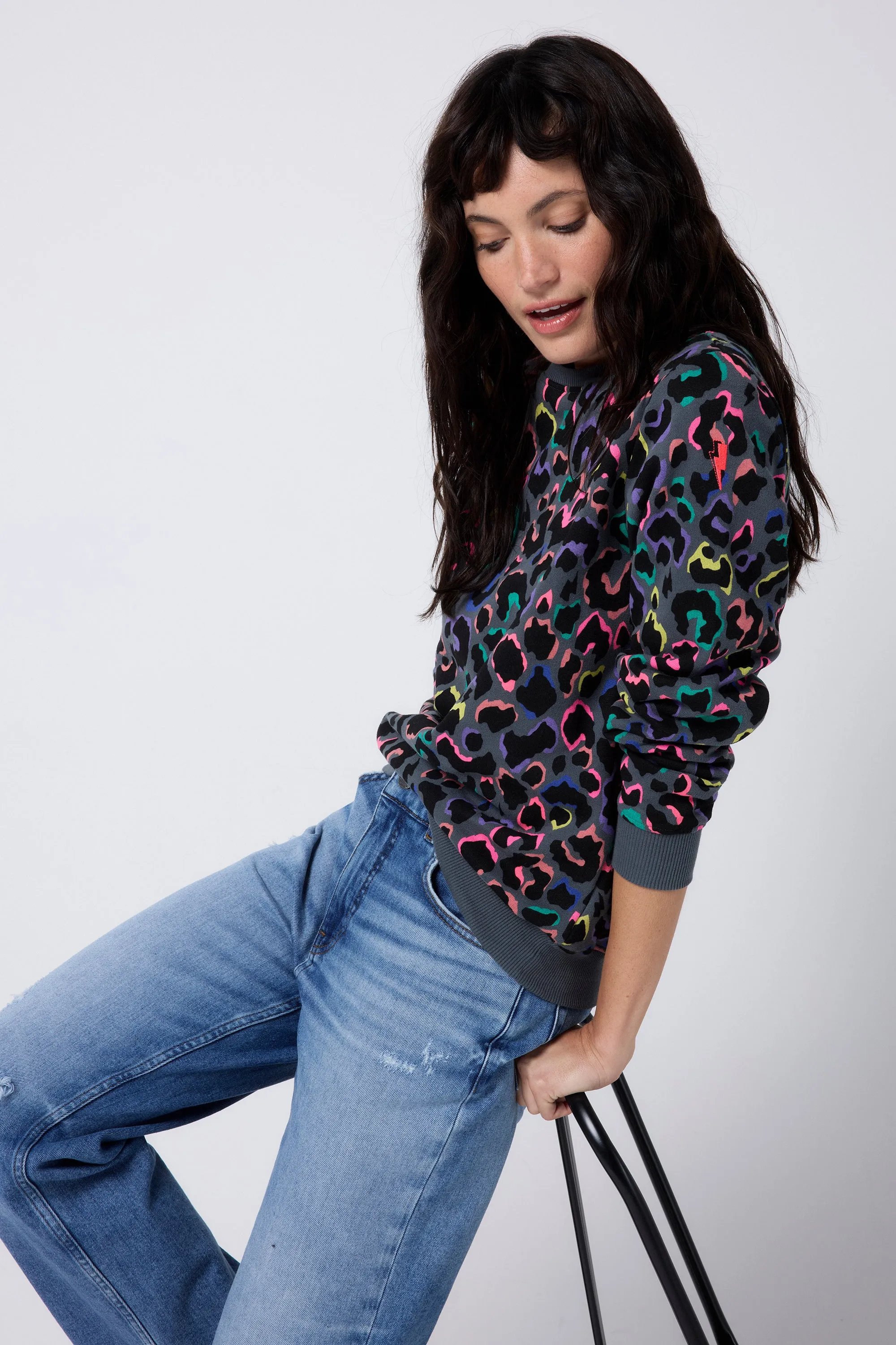 Grey with Rainbow Shadow Leopard Classic Sweatshirt appropriate for weekdays