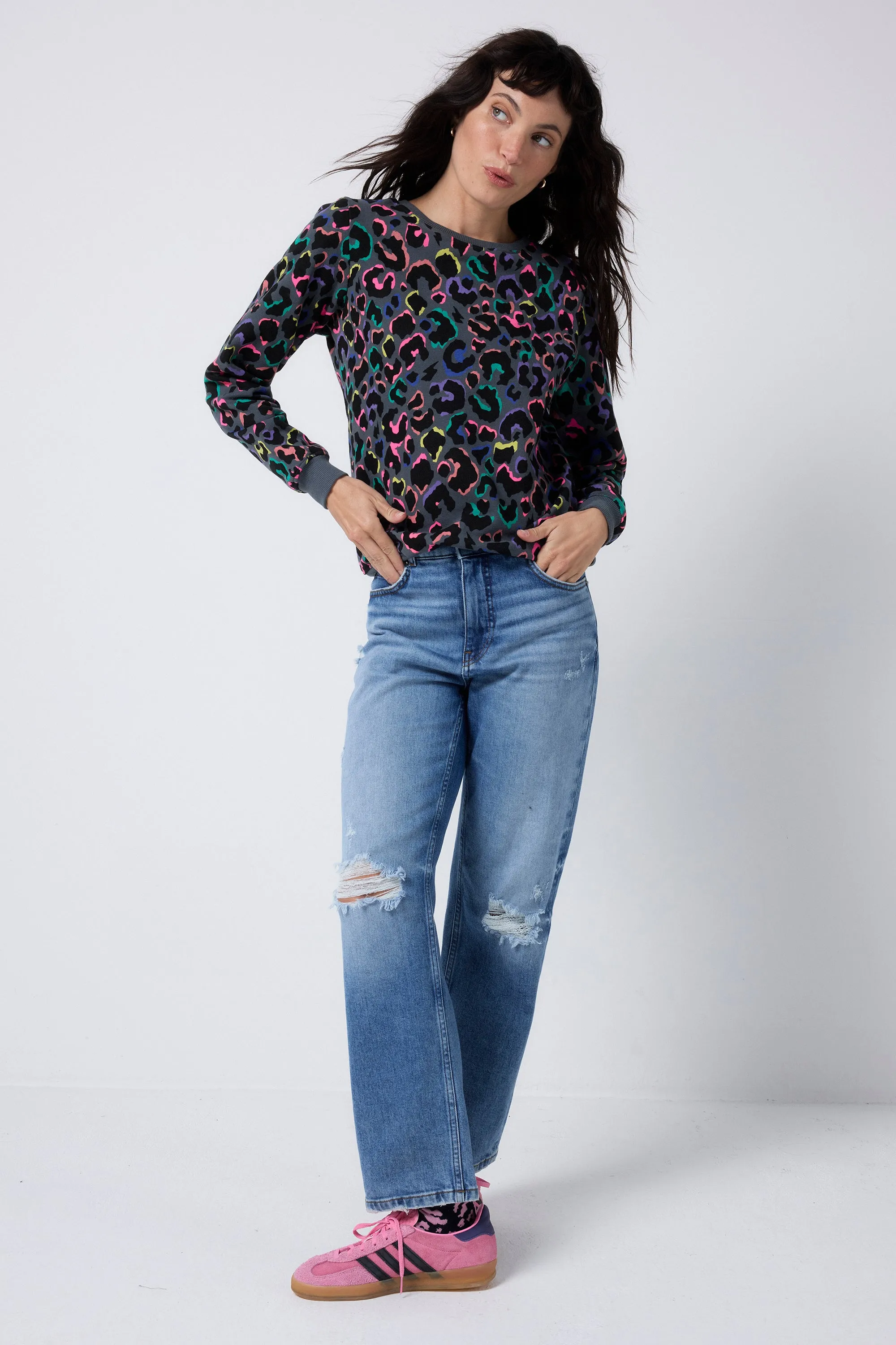 goes with jeans zippered Grey with Rainbow Shadow Leopard Classic Sweatshirt