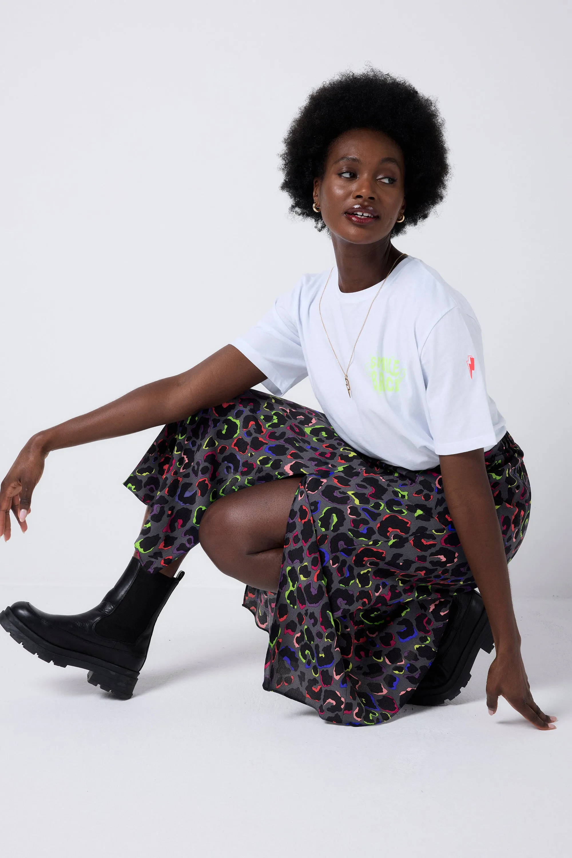 Grey with Rainbow Shadow Leopard Split Front Skirt Signature Line