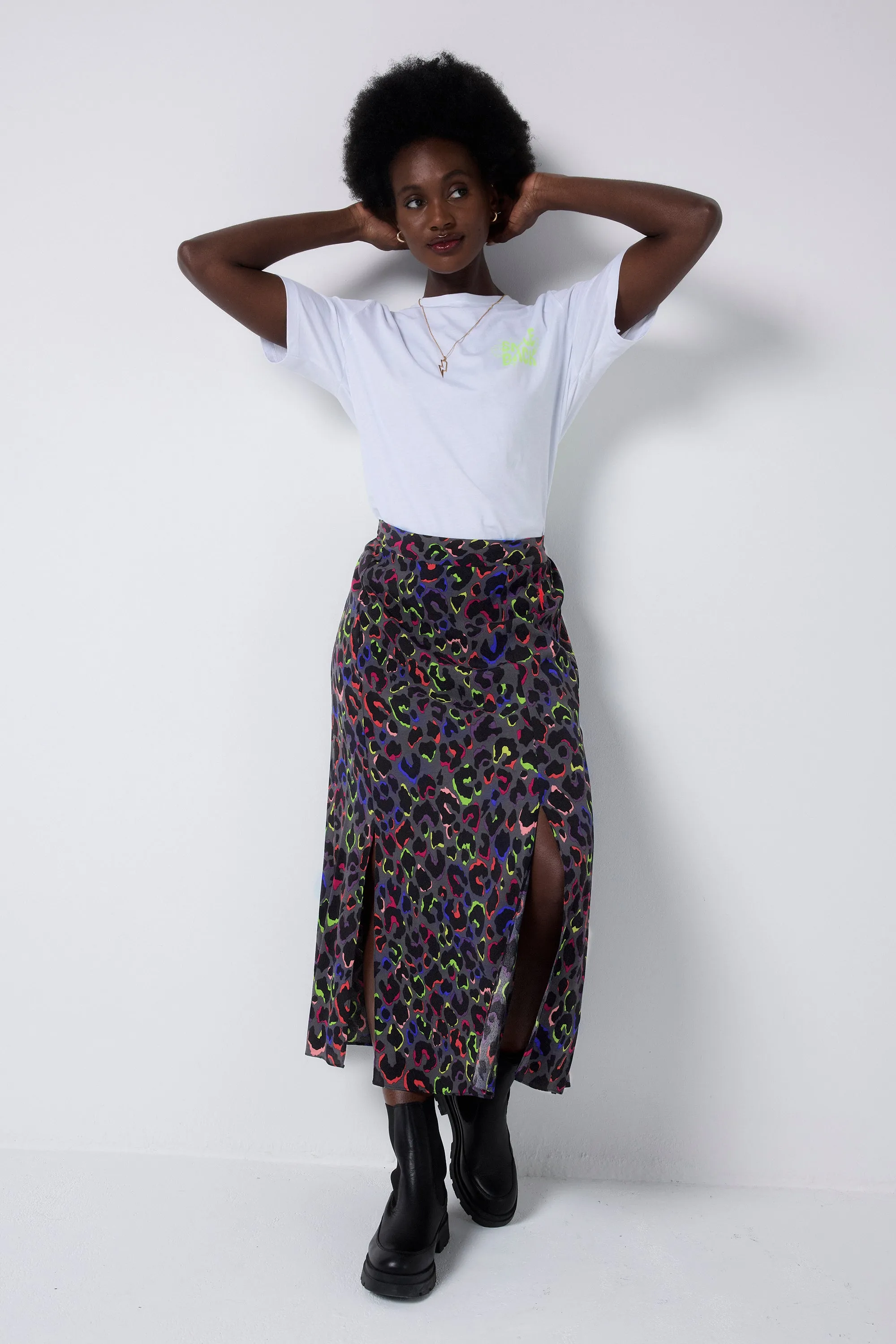 Draped Design Non see through Grey with Rainbow Shadow Leopard Split Front Skirt