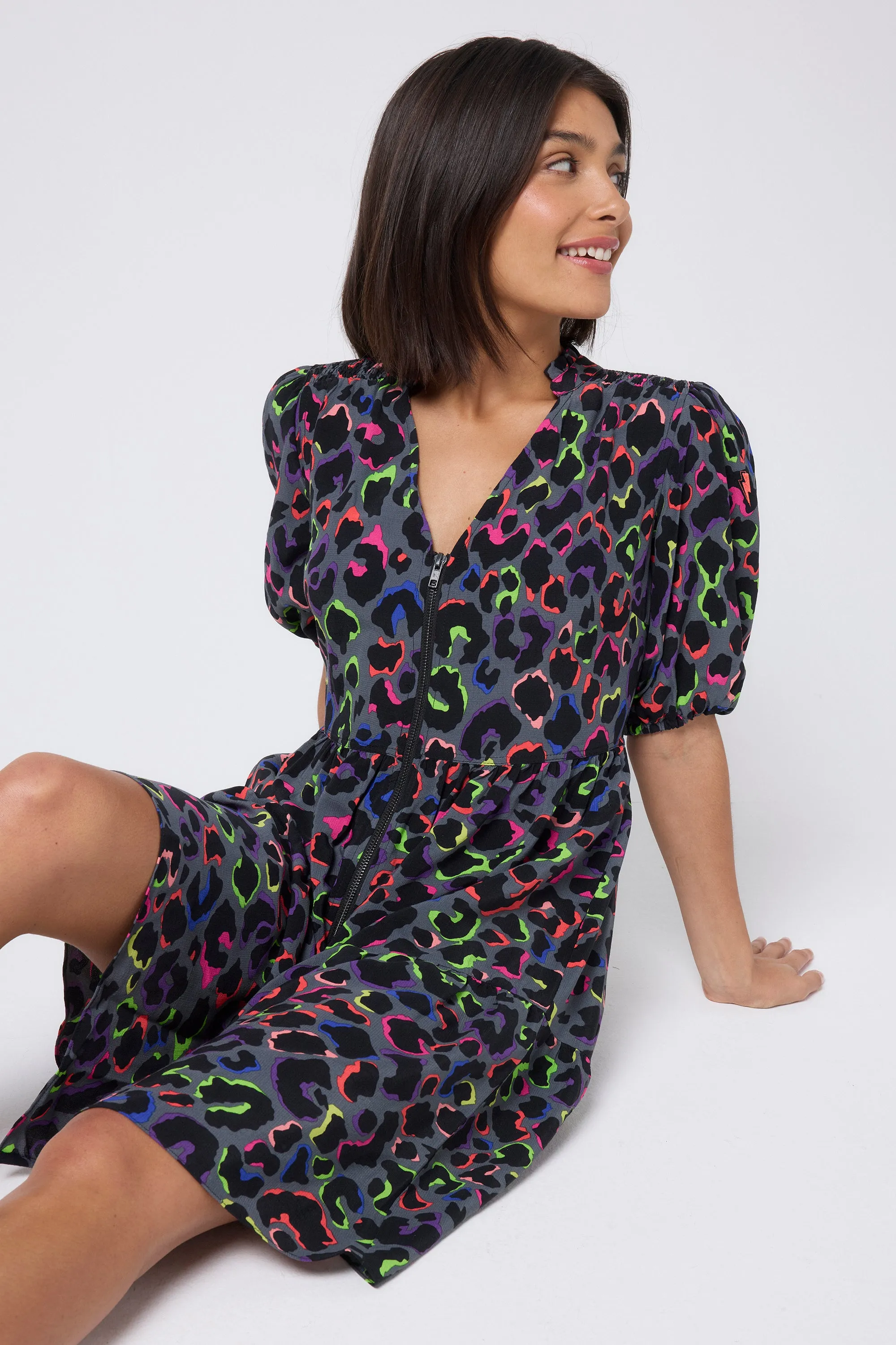 Grey with Rainbow Shadow Leopard Zip Detail Tiered Short Dress Relaxed fit wear Chic Design