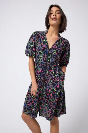 Grey with Rainbow Shadow Leopard Zip Detail Tiered Short Dress Piped-Edge