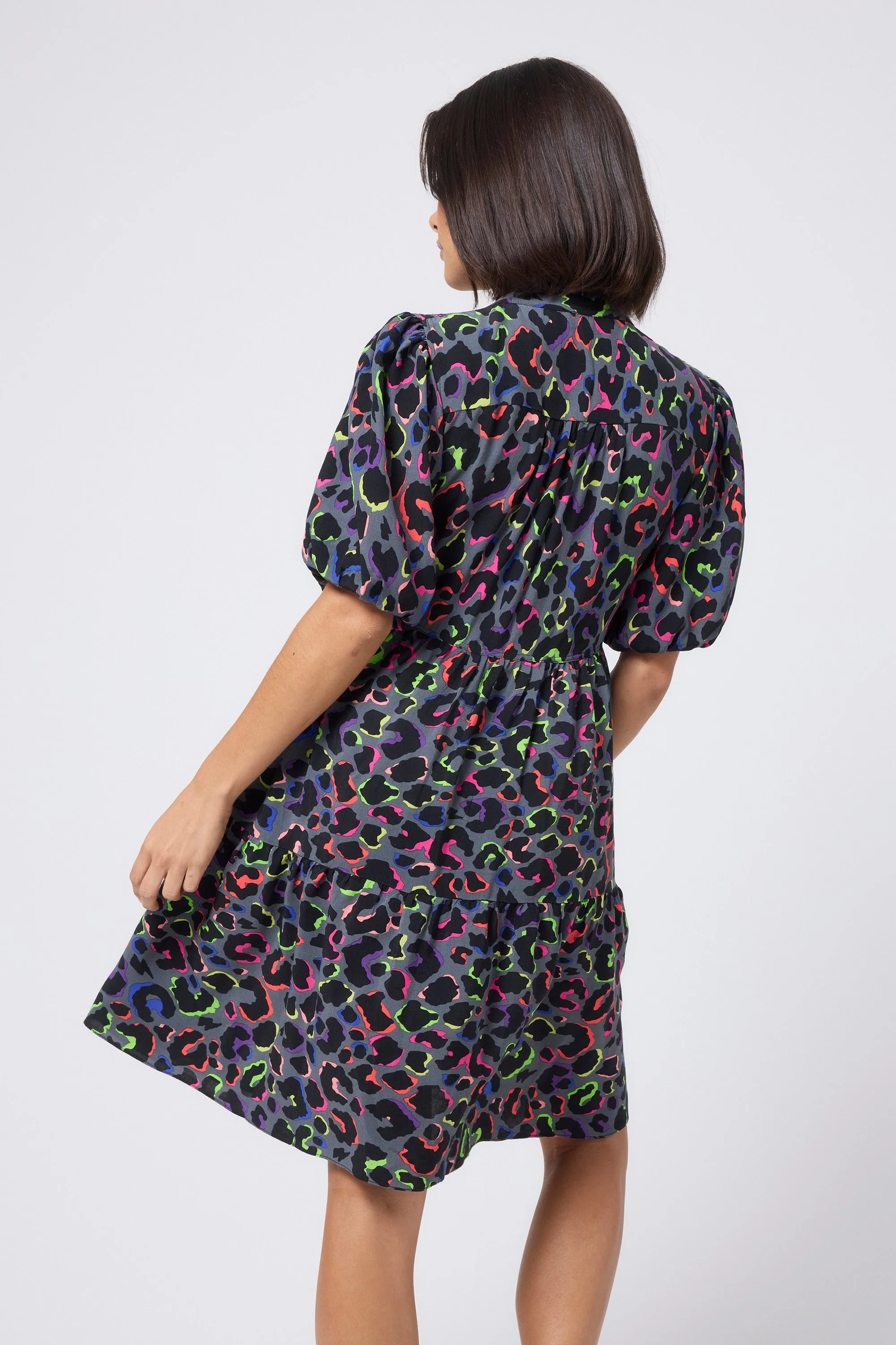 Trendy Layering Grey with Rainbow Shadow Leopard Zip Detail Tiered Short Dress