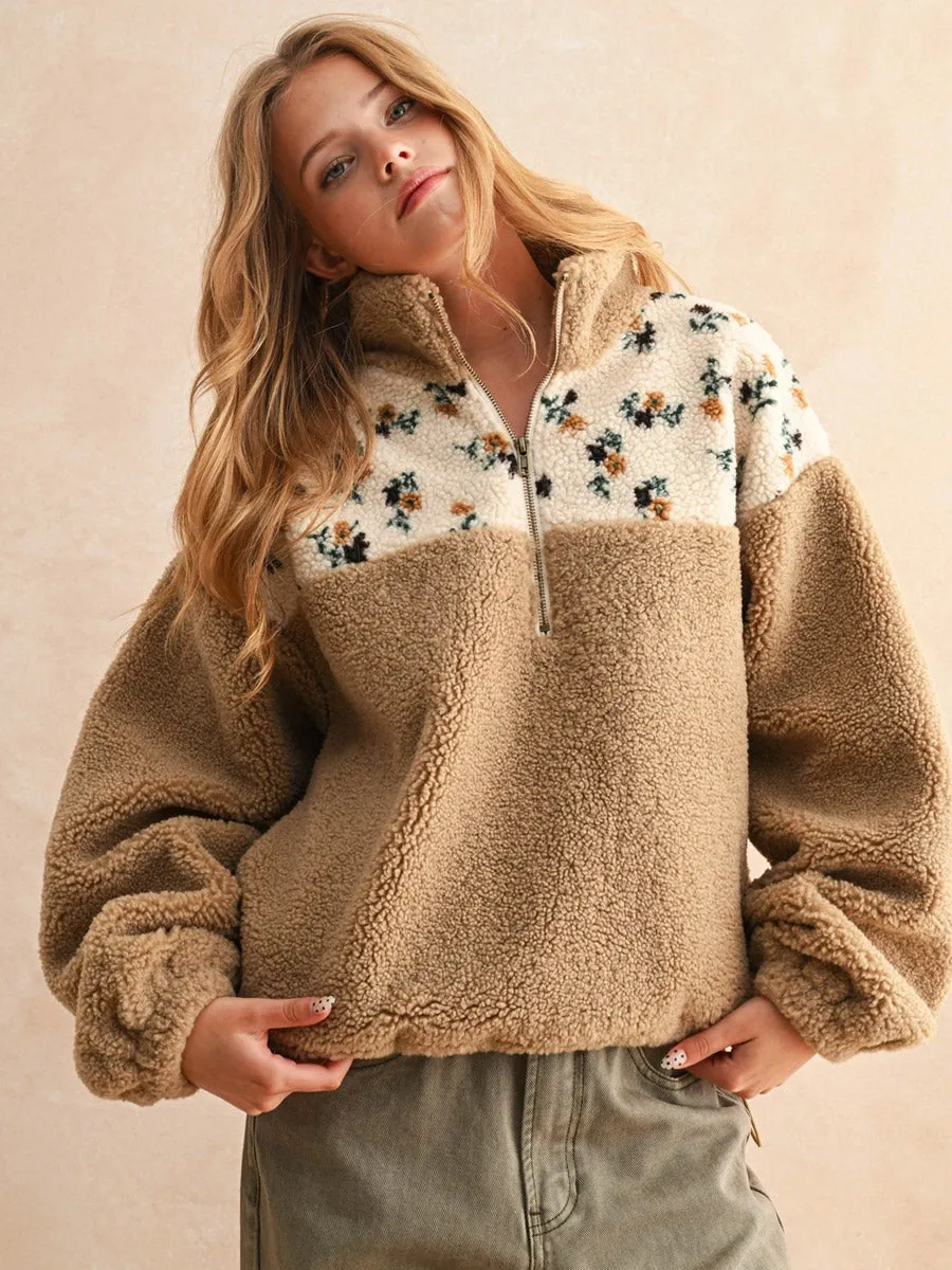 HALF ZIP FLORAL PRINT SHERPA PULLOVER - TAN Heat Keep