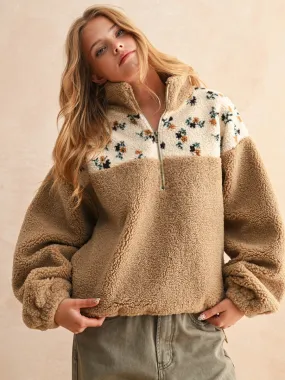 High Collar Option HALF ZIP FLORAL PRINT SHERPA PULLOVER - TAN
