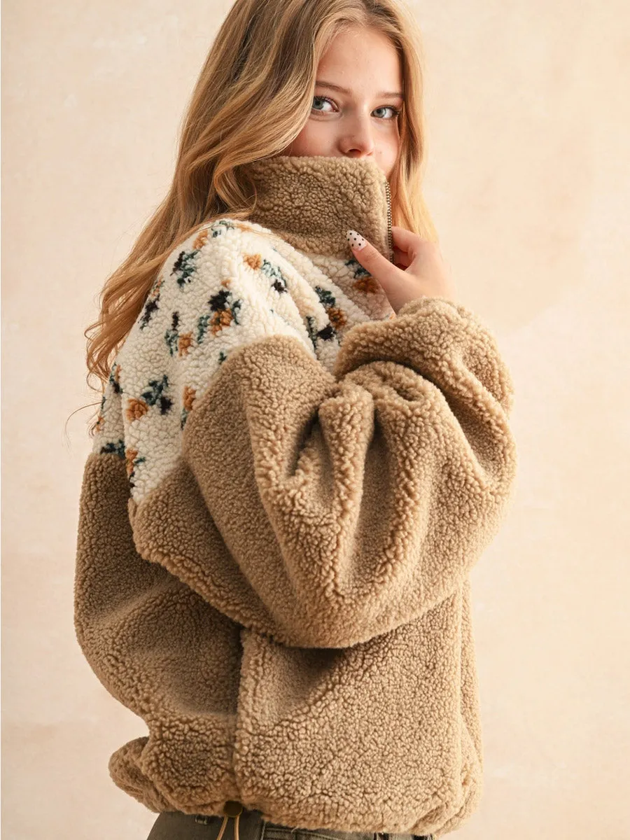 All Season Wear Fabric AntiStaticFinish HALF ZIP FLORAL PRINT SHERPA PULLOVER - TAN